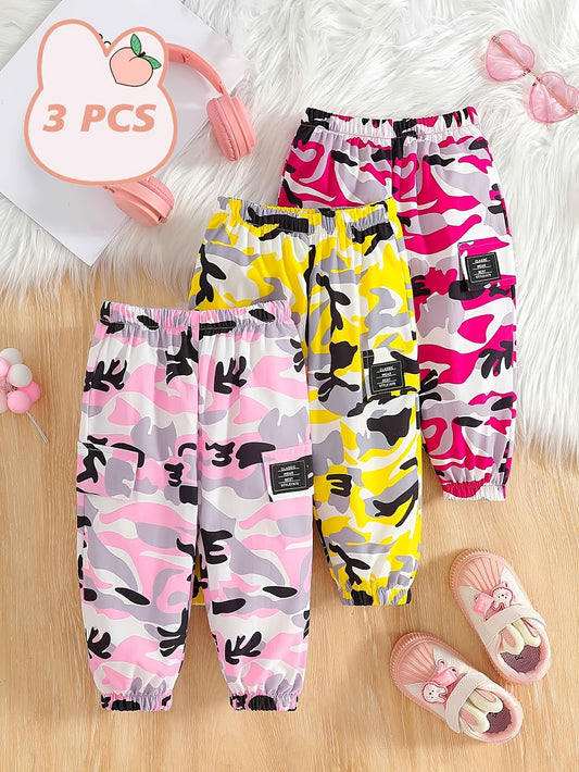 3pcs Combination Suit Girls' Pants, Girl Products, Girls' Clothing, Girl's Spring And Autumn Leisure Loose Fitting Fake Pocket Camouflage Street Workwear Wide Leg Pants Suitable For Going Out, School Gifts, School Season, for