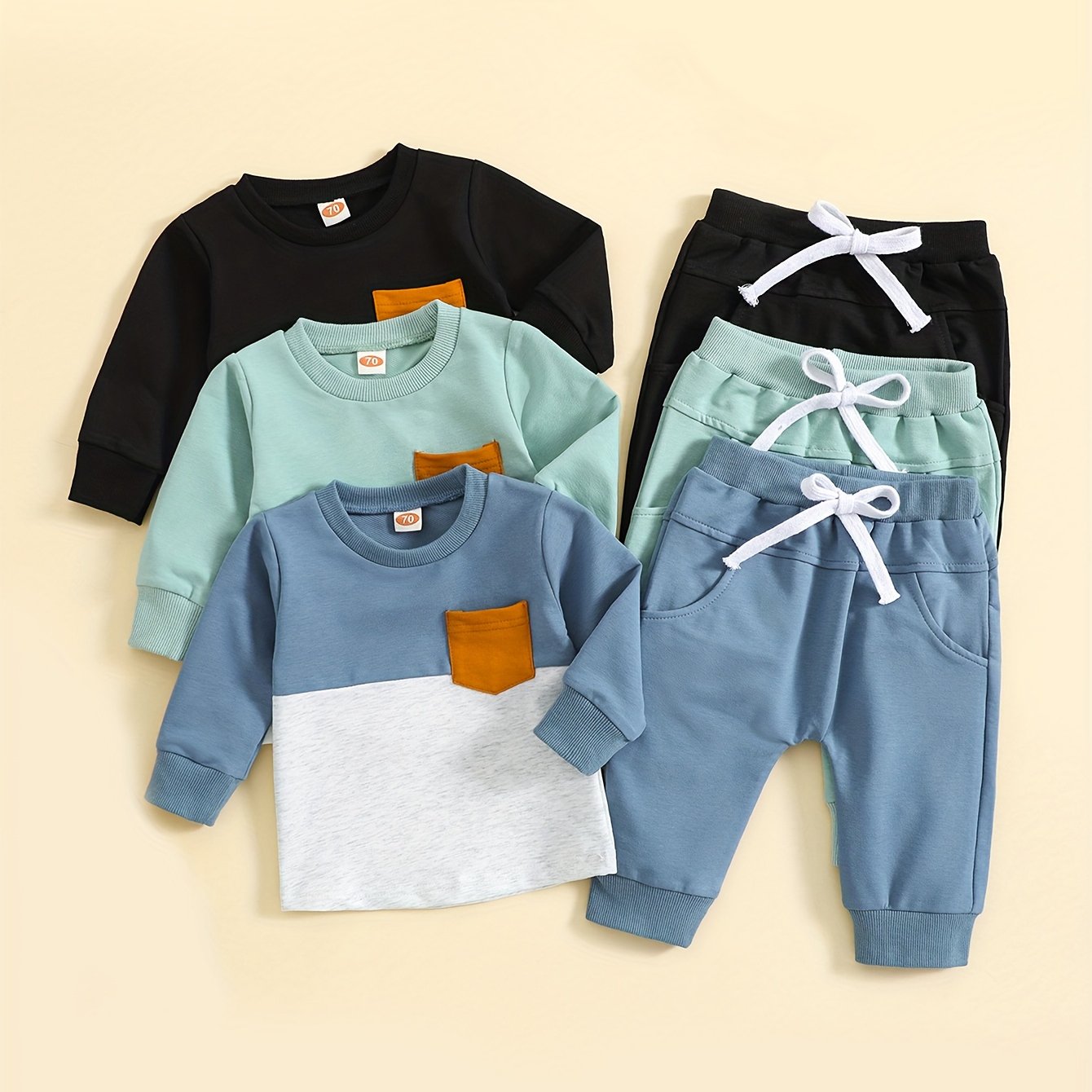 Baby Boy Clothes Spring/Fall Round Neck Long Sleeve Casual Style Solid Color Hoodie with Pockets & Elastic Waist Knit Pants Infant Versatile Set 6pcs Combination Set Toddler Boys' Clothes, Perfect for