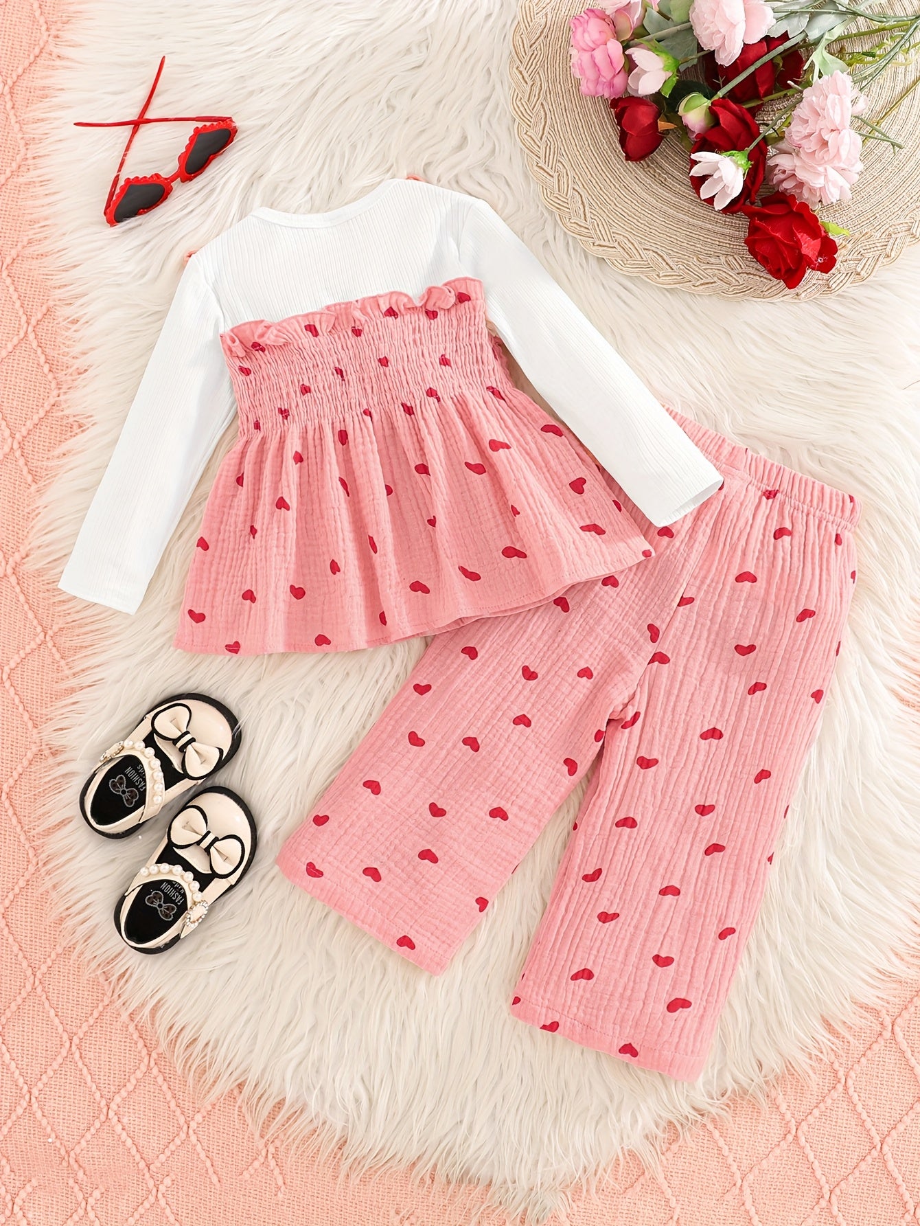 2 Piece Baby Girl Pink Heart Print Top And Pants Set