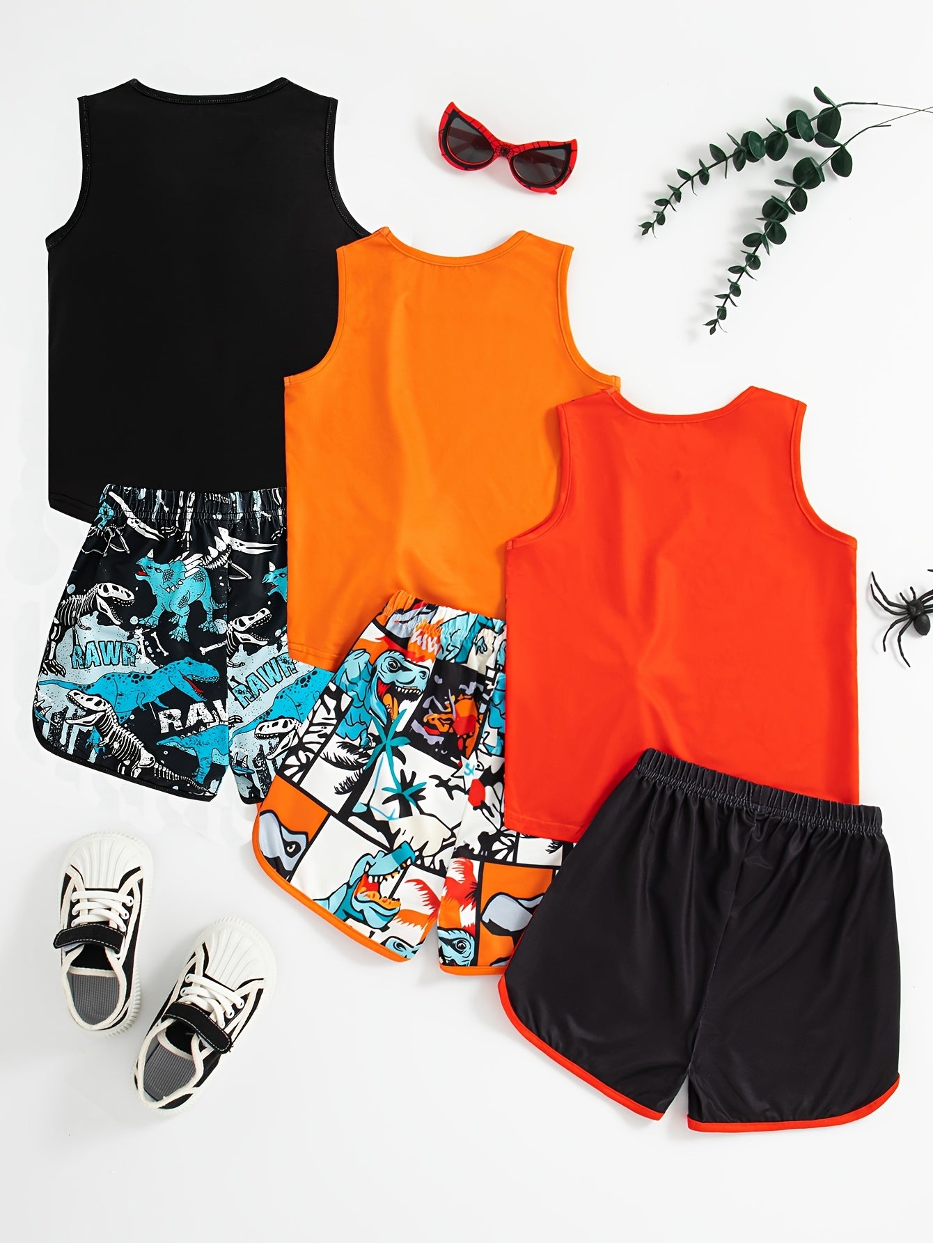 Summer New Boys Leisure Multi Suit Pattern Round Neck Vest Shorts Three Piece Set for Outdoor Wear