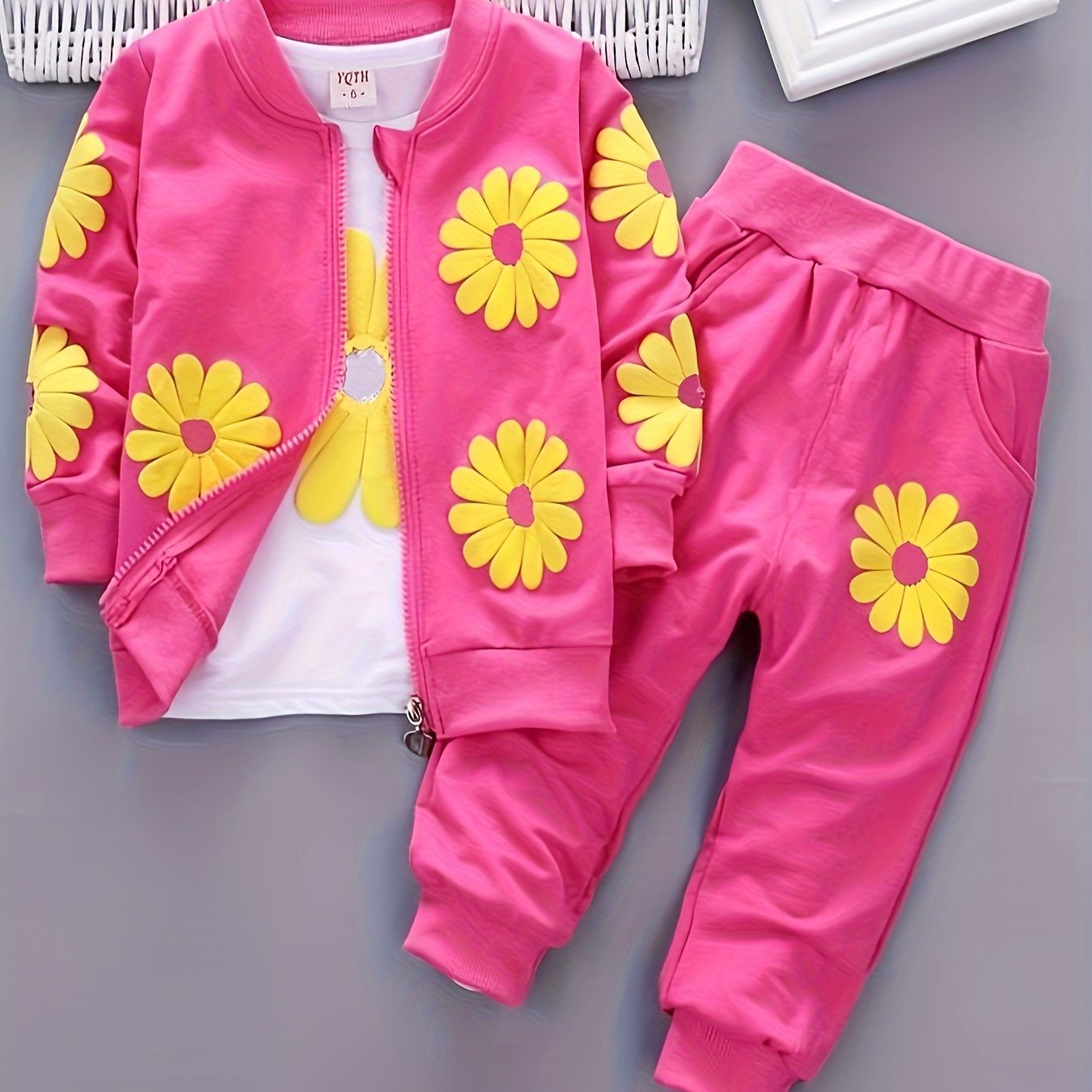 Girls Sunflower Print Three Piece Spring Autumn Outdoor Set