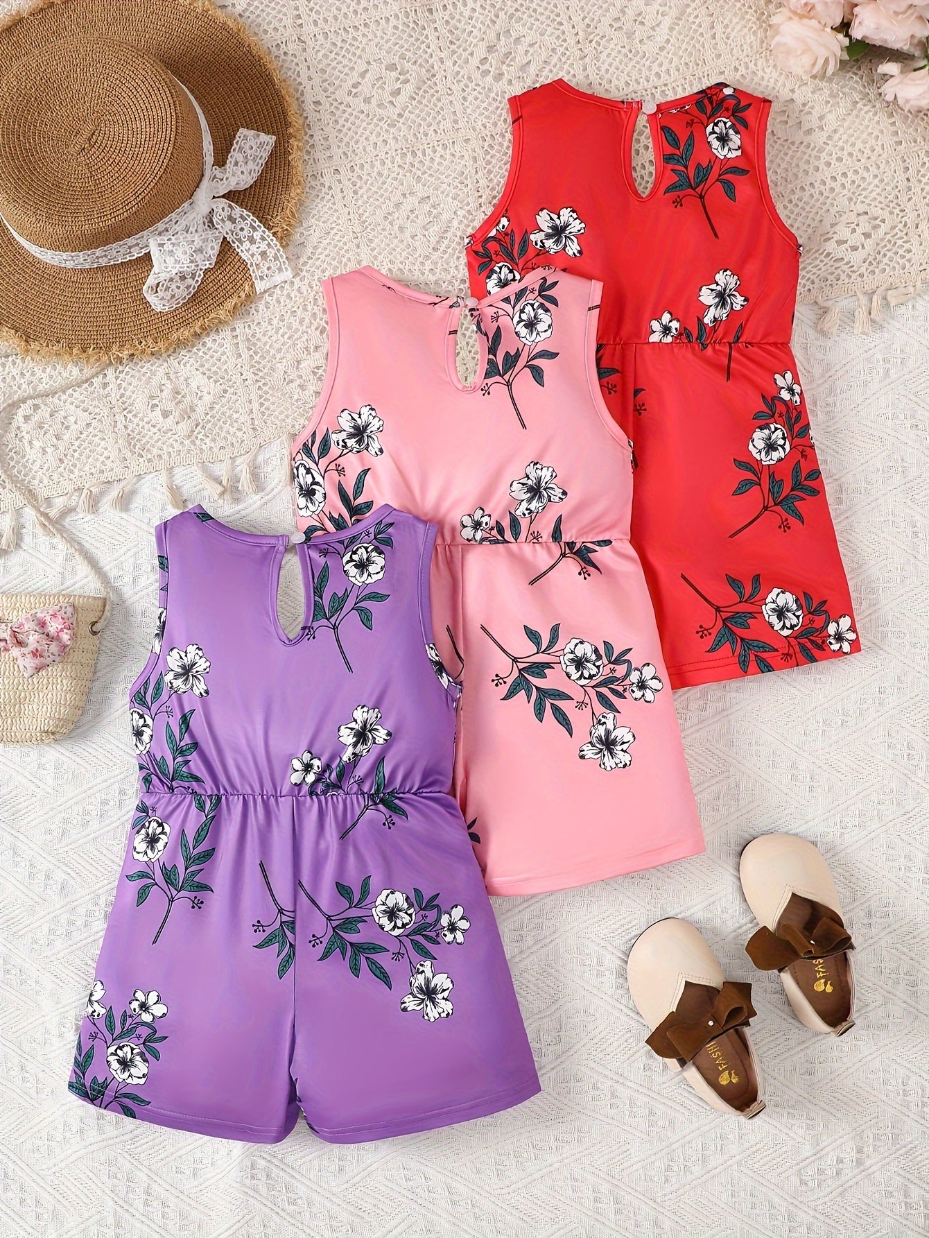 3pcs Girls Jumpsuits Summer Fashionable Casual Jumpsuits Perfect for Outdoor Activities