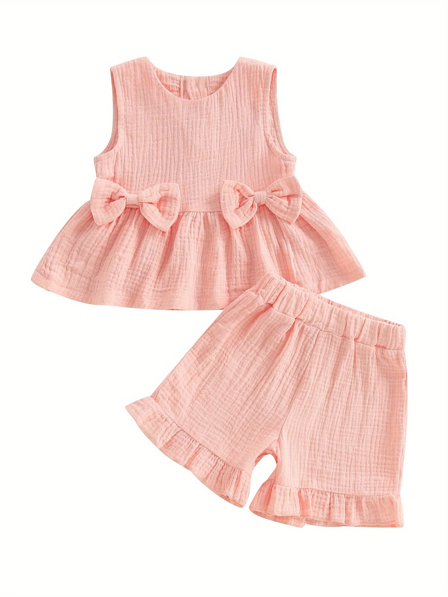 Toddler Girl Summer Clothes Solid Color Bow Round Neck Tank Tops and Elastic Waist Ruffled Shorts 2 Piece Set for Outdoor Activities