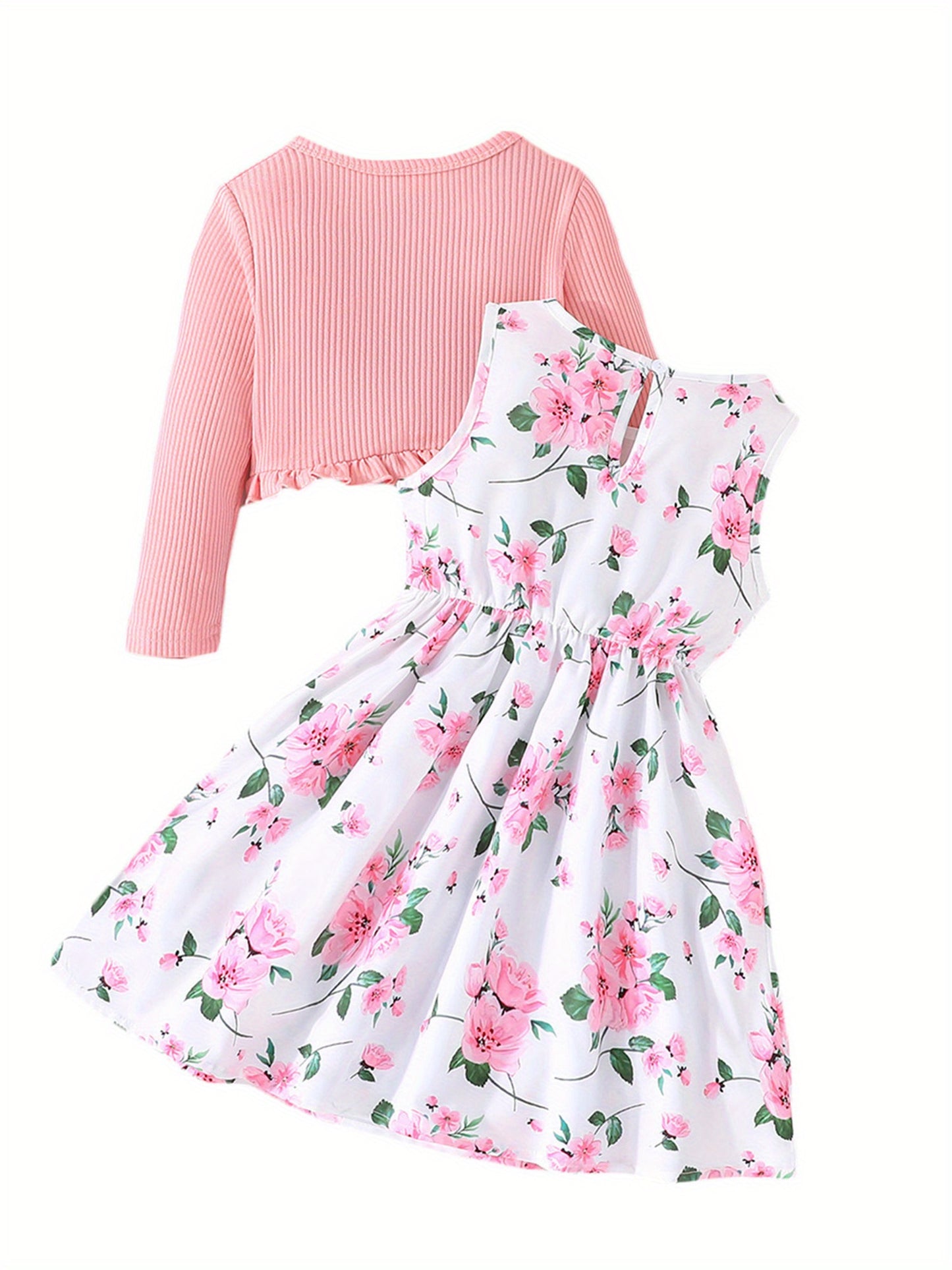 Girl Dress Set Floral Print Round Neck Bow A-Line Tank Dress with Ruffled Ribbed Cardigan