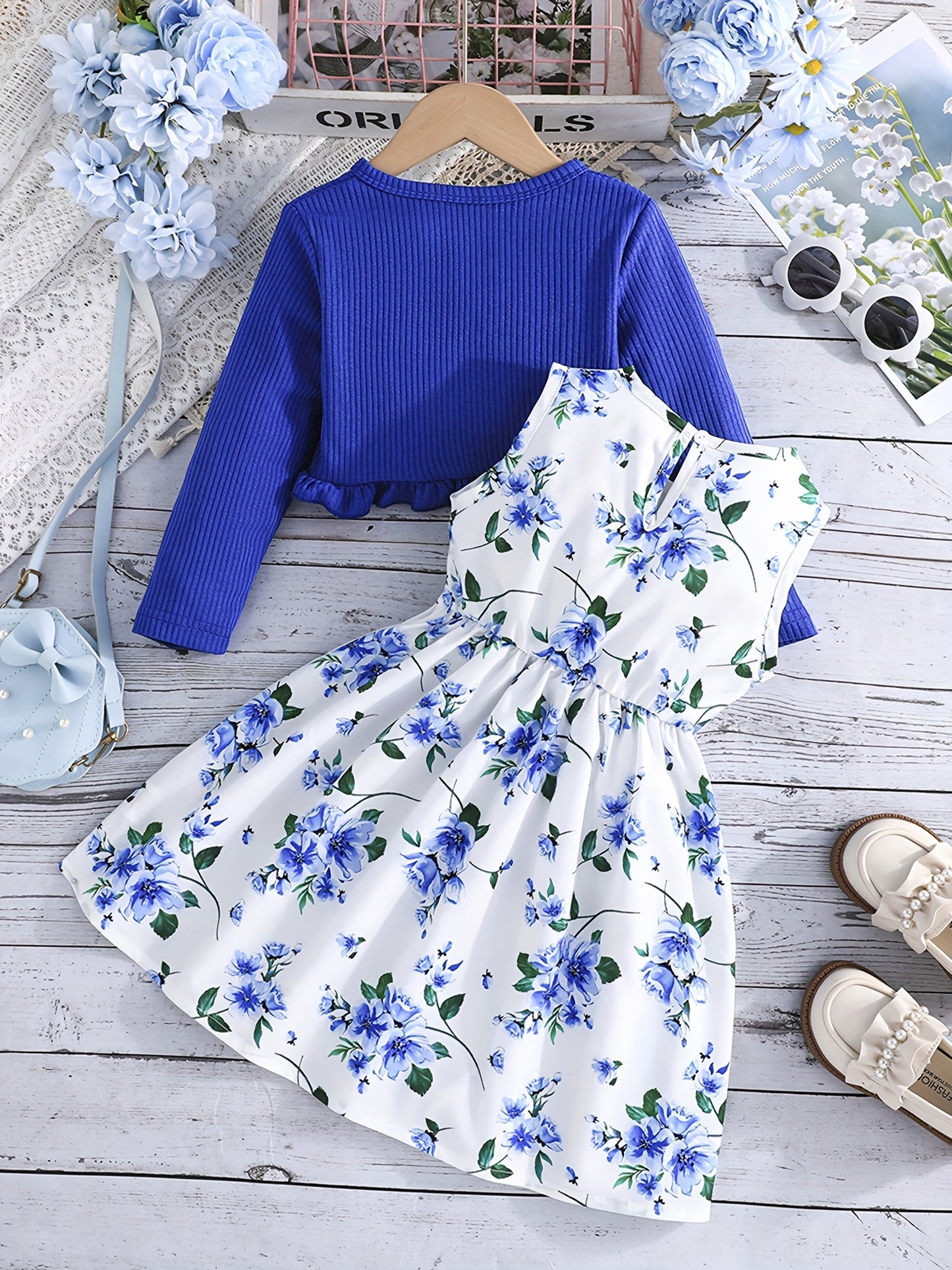 Girl Dress Set Floral Print Round Neck Bow A-Line Tank Dress with Ruffled Ribbed Cardigan