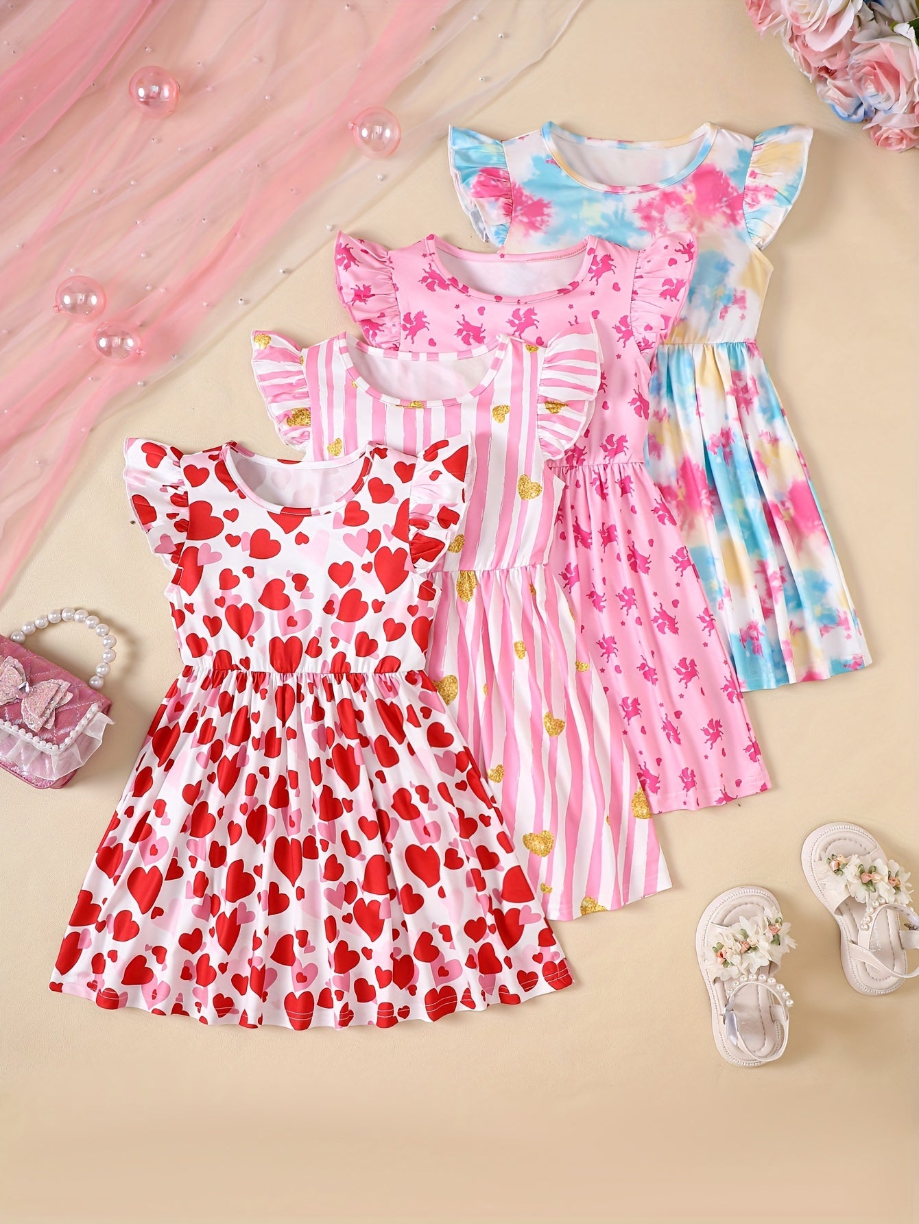 4pcs Summer Girl Printed Dress Casual Spring and Summer Trendy Versatile Dress for Little Girls