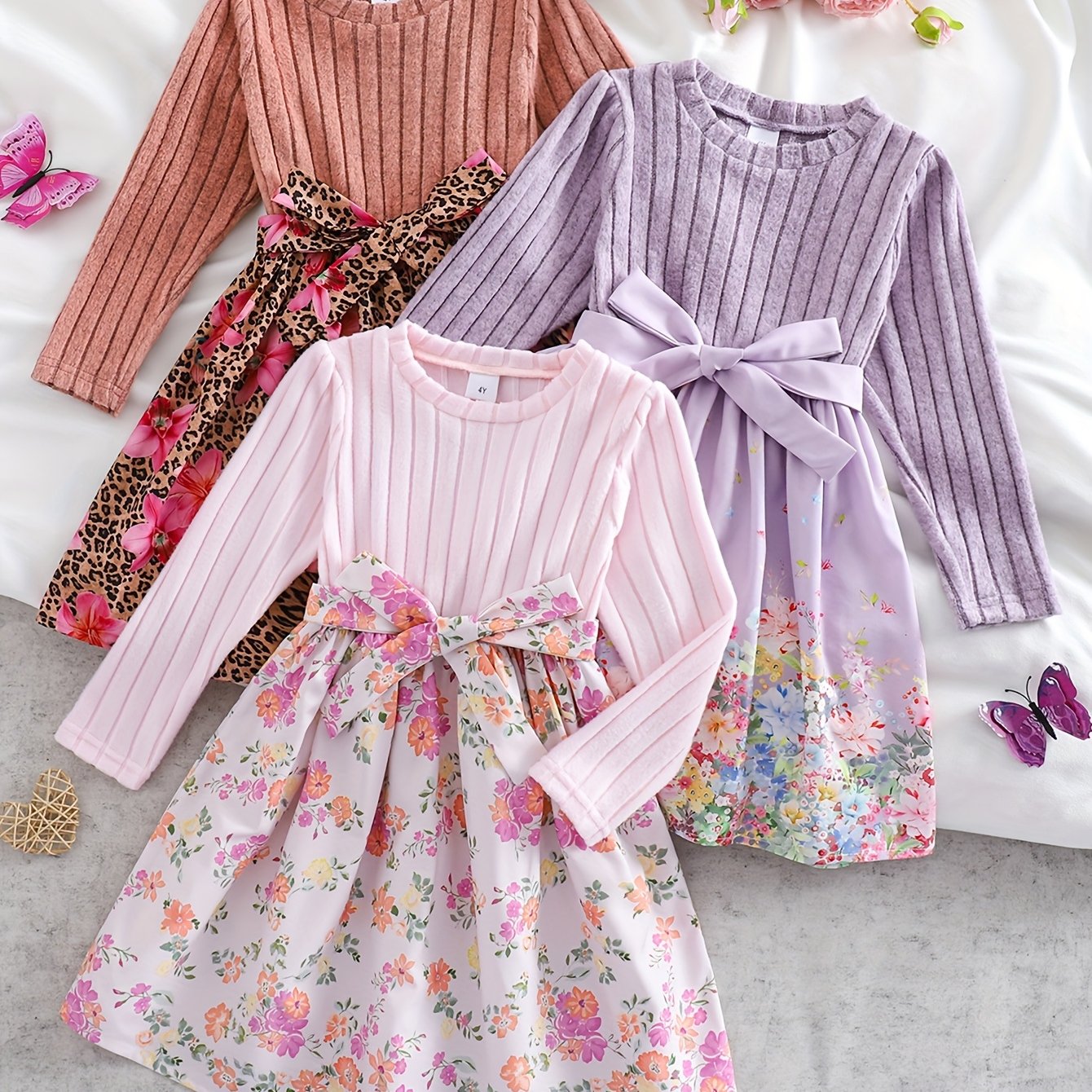 Floral Three Piece Girls Dress Set For Outdoor Casual Wear