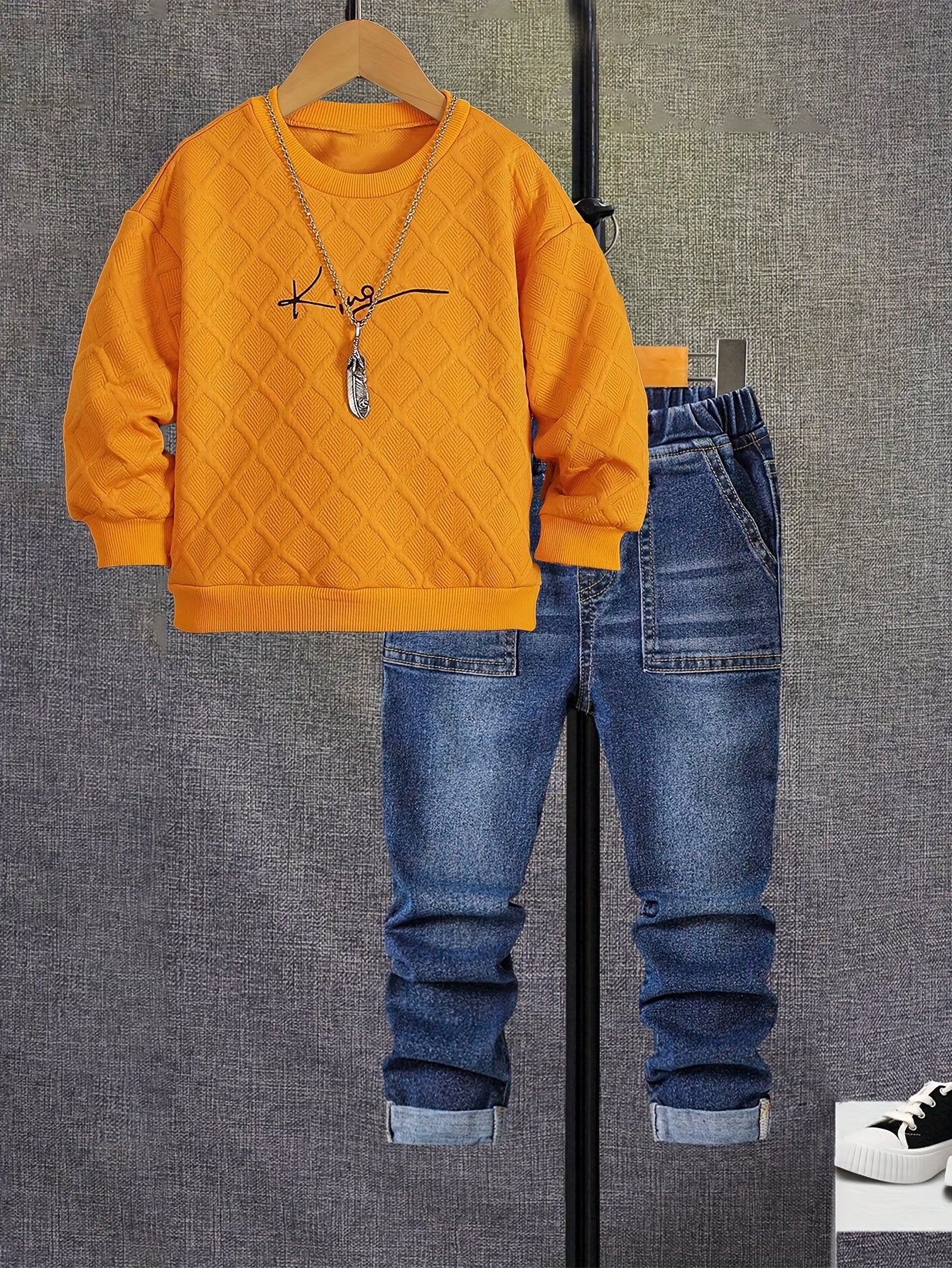 Boys Long Sleeve Orange Round Neck Sweatshirt Two Piece Set