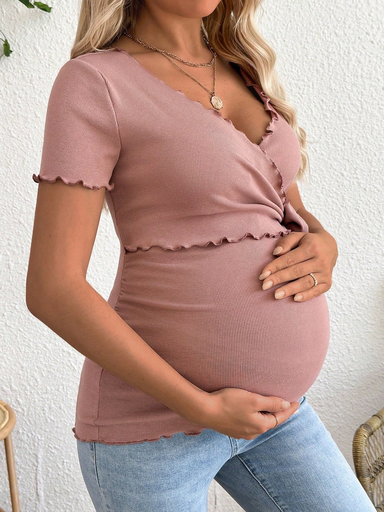 Womens Maternity Pink V Neck Short Sleeve Top Stretchy Casual Summer Shirt with Ruffled Detail Comfortable Pregnancy Wear for Breastfeeding and Casual Attire