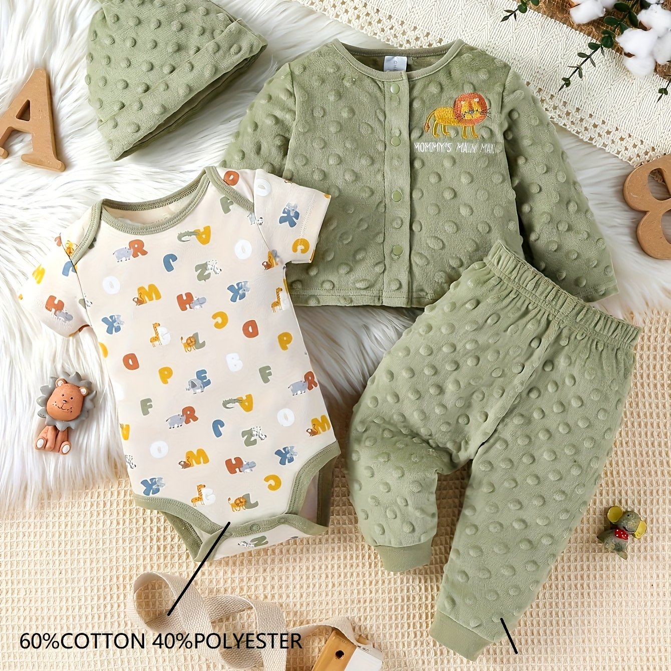 Cartoon Lion Jumpsuit Four Piece Baby Boy Autumn Winter Set