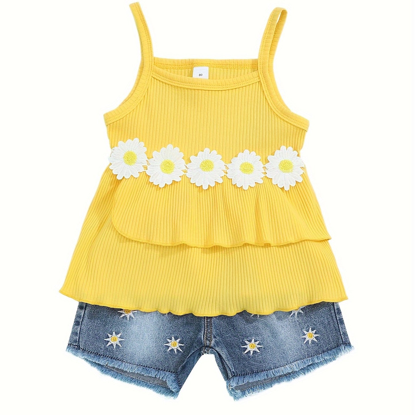 Ruffle Girl Summer Ruffle Floral Toddler Girls Clothes Sleeveless Tops Denim Shorts Set
