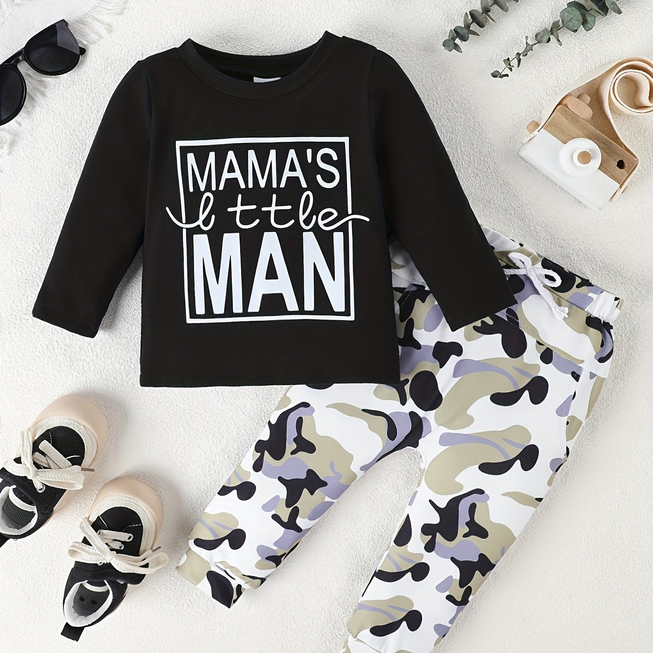 Autumn Baby Print Comfortable Round Neck Long Sleeved Casual Camouflage FashionPants Two-piece Set