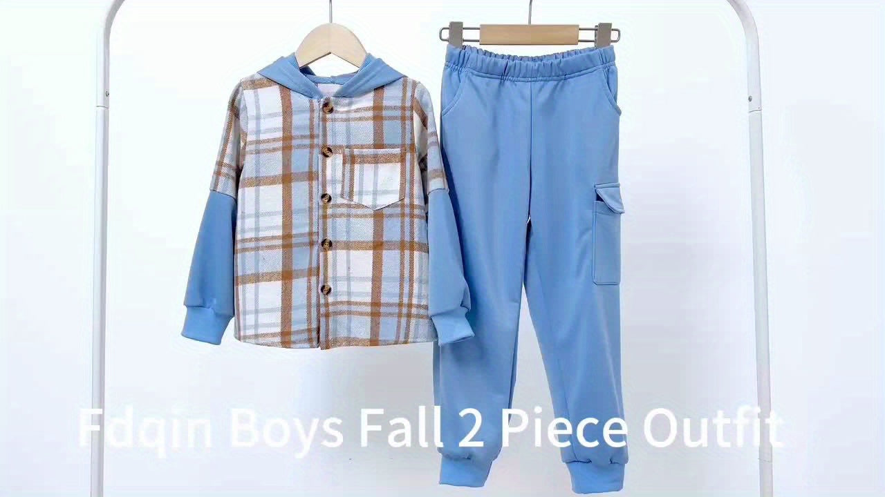 2pcs Fall And Winter Boys Long Sleeved Plaid Cardigan Suit Hooded Jacket And Fashion Work Pants