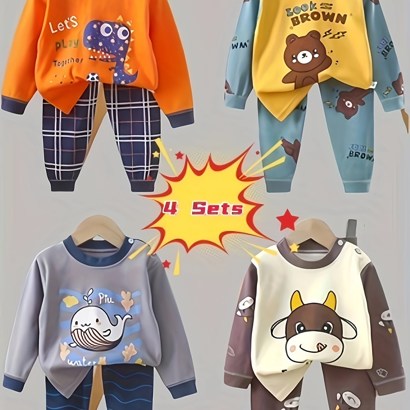 Kids Cotton Long Sleeve Top And Pants Bear Dinosaur Autumn