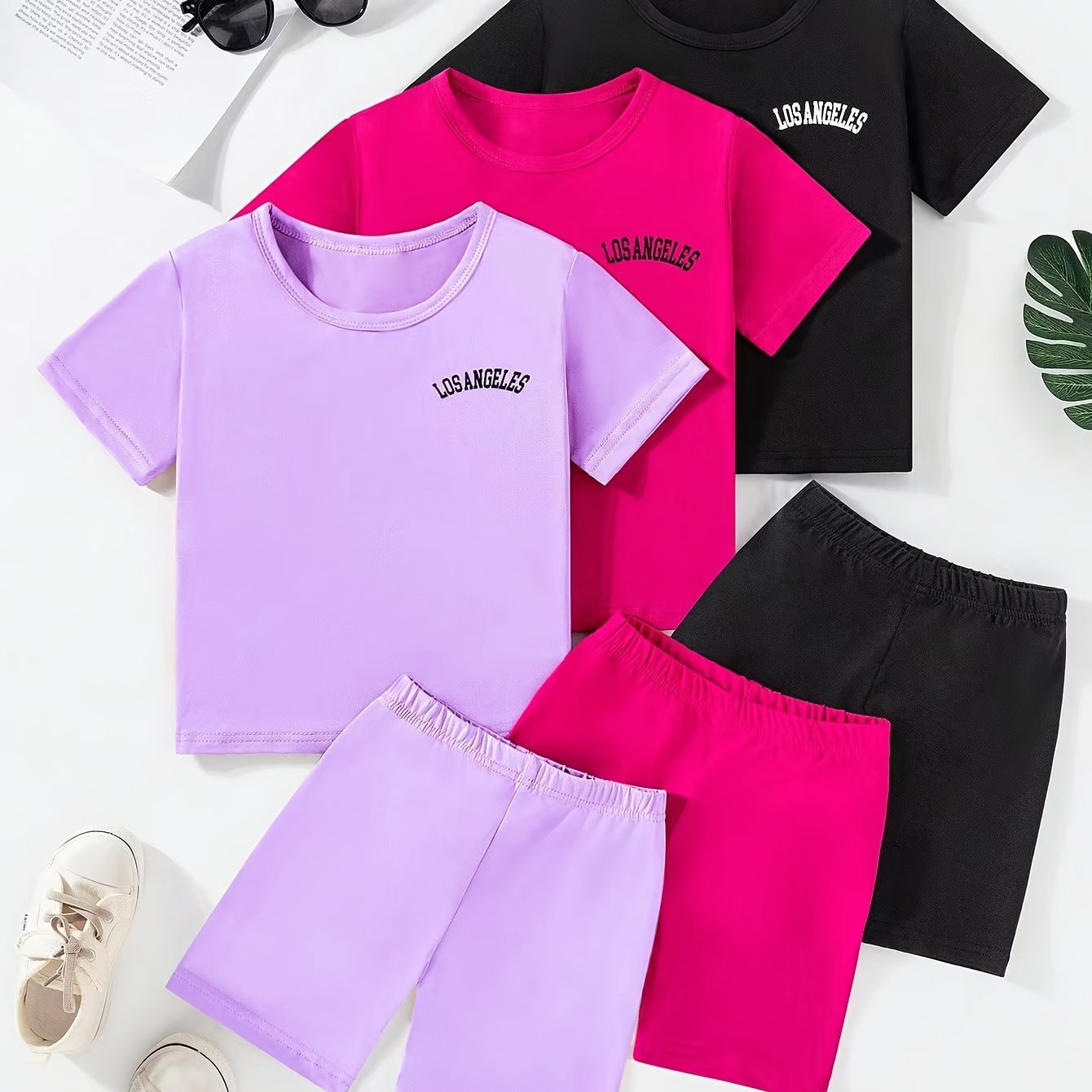 3 Sets Toddler Girls Outfits Los Angeles Letter Print Short Sleeve T Shirt Tops Casual Shorts Set Comfy Versatile Summer Sets