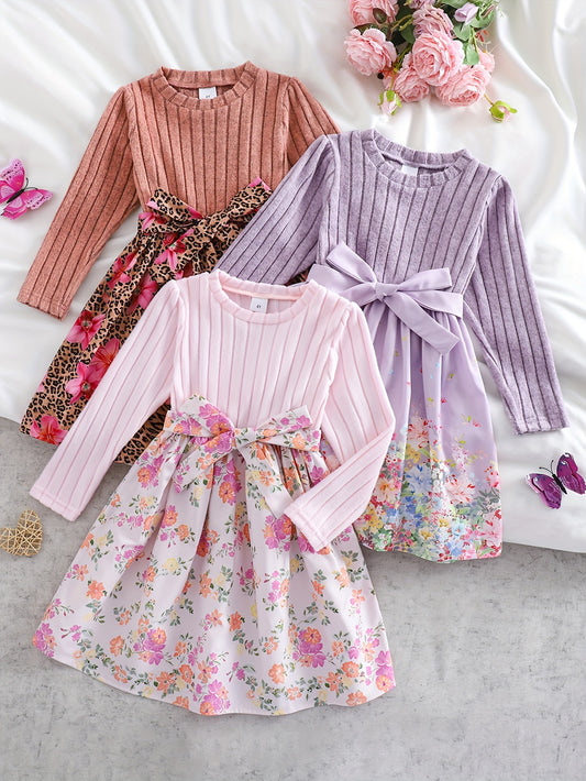 Floral Three Piece Girls Dress Set For Outdoor Casual Wear