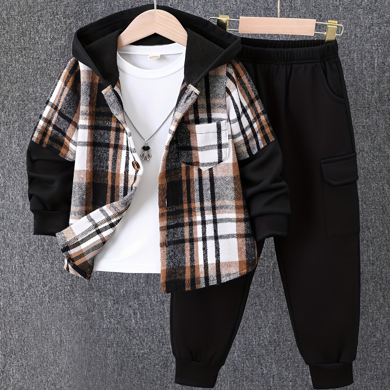 2pcs Fall And Winter Boys Long Sleeved Plaid Cardigan Suit Hooded Jacket And Fashion Work Pants