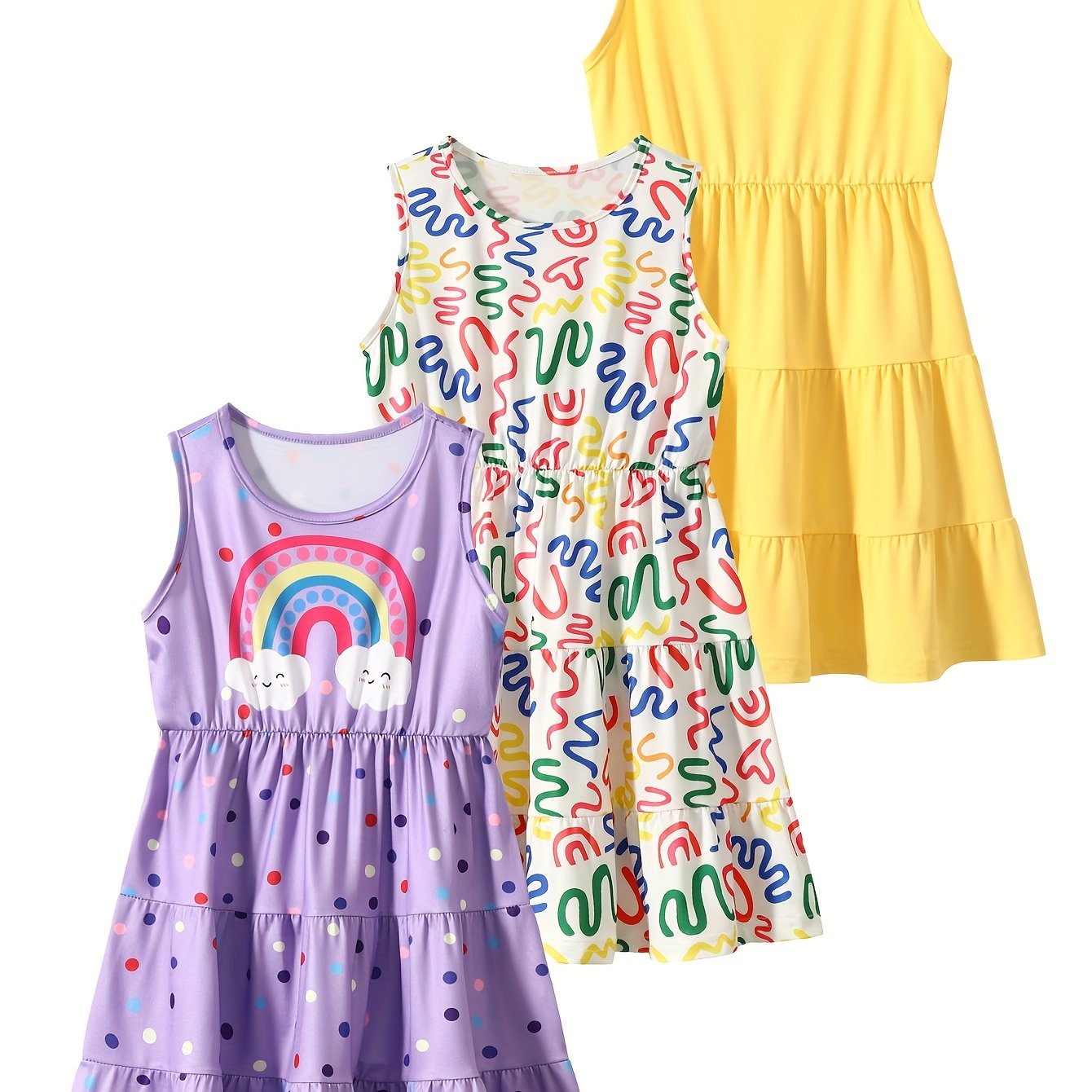3 Pack Summer Girls Sleeveless Dresses Easter Holiday Gift Party Chic Peplum Casual Dresses for Kids