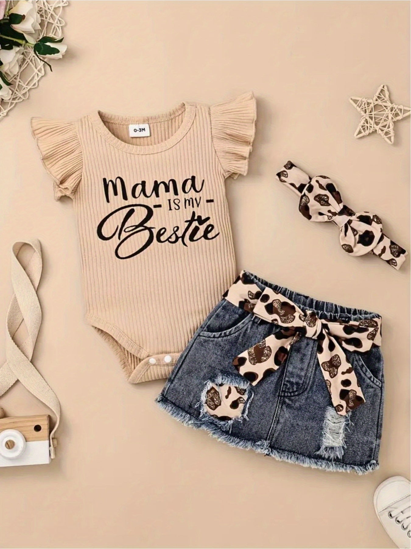 2pcs Baby Girl Denim Skirt Outfit Set with Cap Sleeve Bodysuit and Hairband for Summer Toddler and Infant Clothes