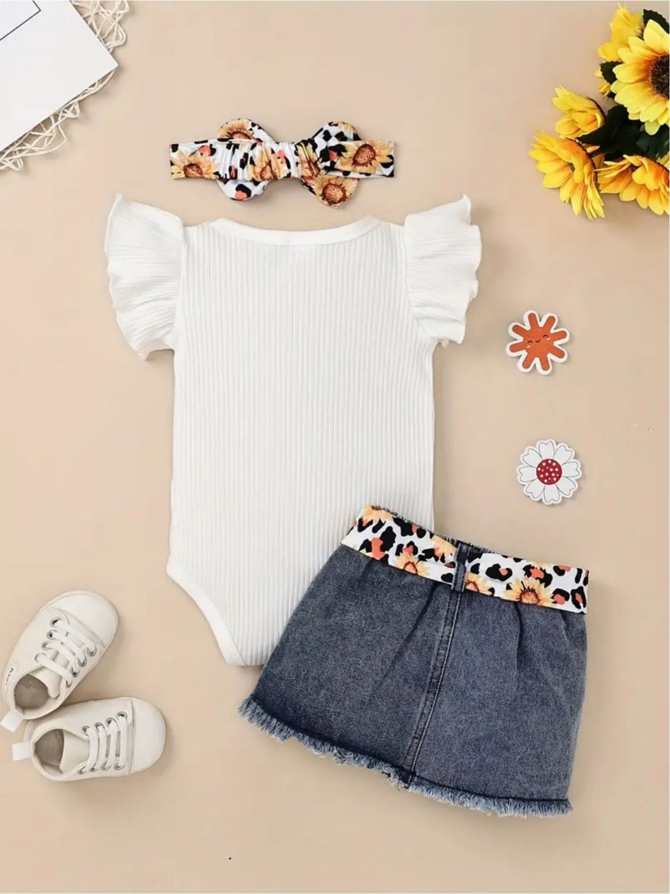 2pcs Baby Girl Denim Skirt Outfit Set with Cap Sleeve Bodysuit and Hairband for Summer Toddler and Infant Clothes