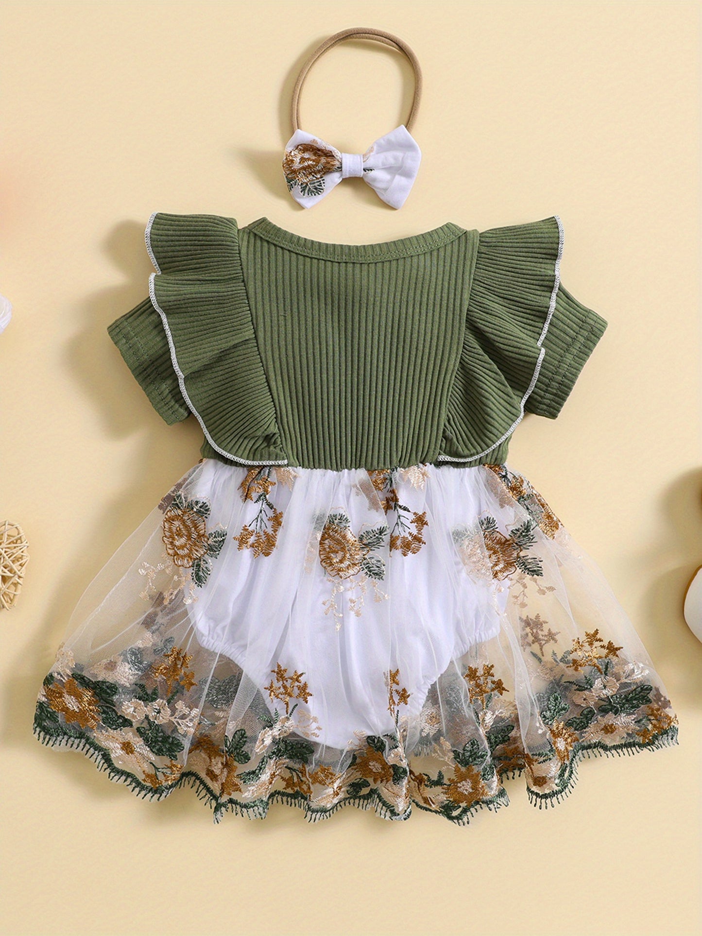 Infant Baby Girls Flower Embroidery Knit Rib Ruffle Romper Dress Summer Bodysuit with Bow Headband for Outdoor Use