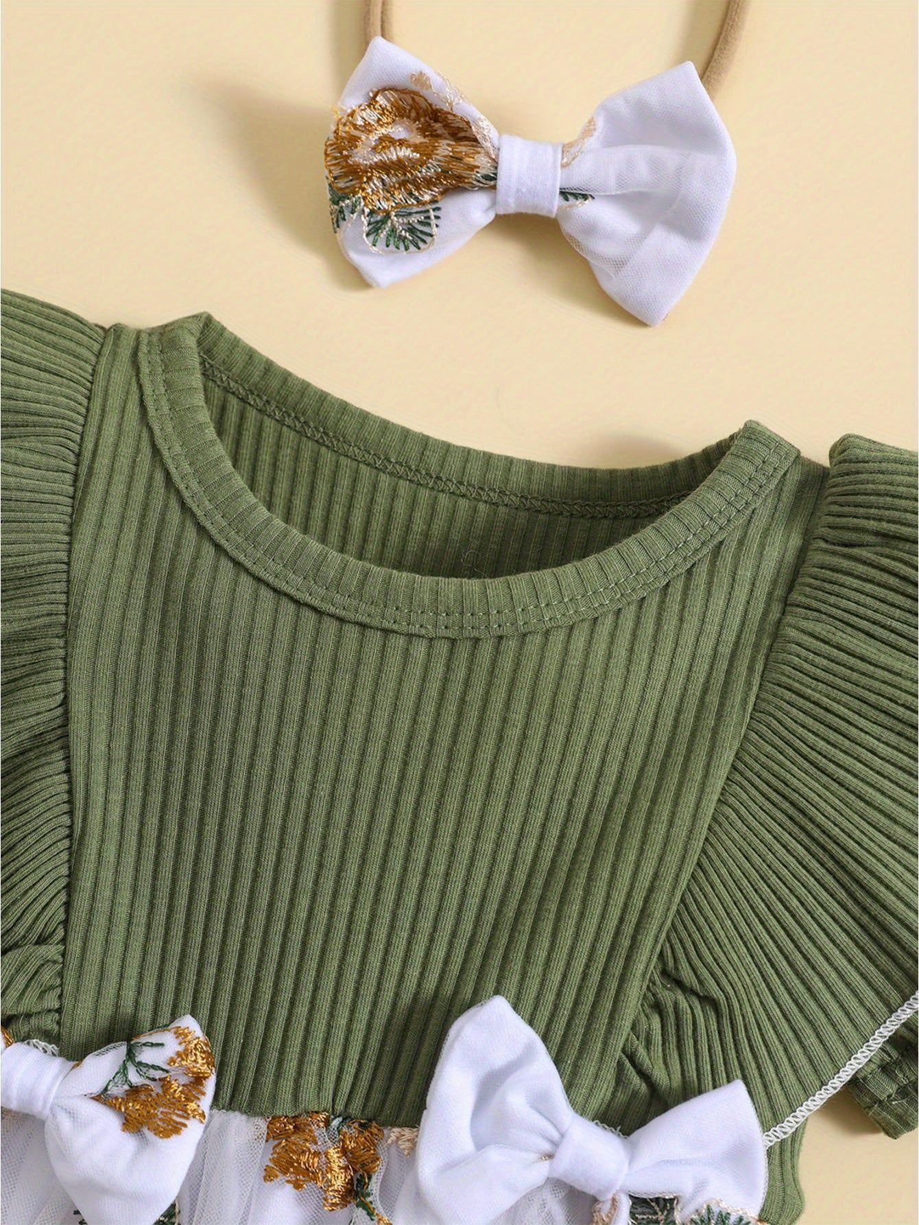 Infant Baby Girls Flower Embroidery Knit Rib Ruffle Romper Dress Summer Bodysuit with Bow Headband for Outdoor Use