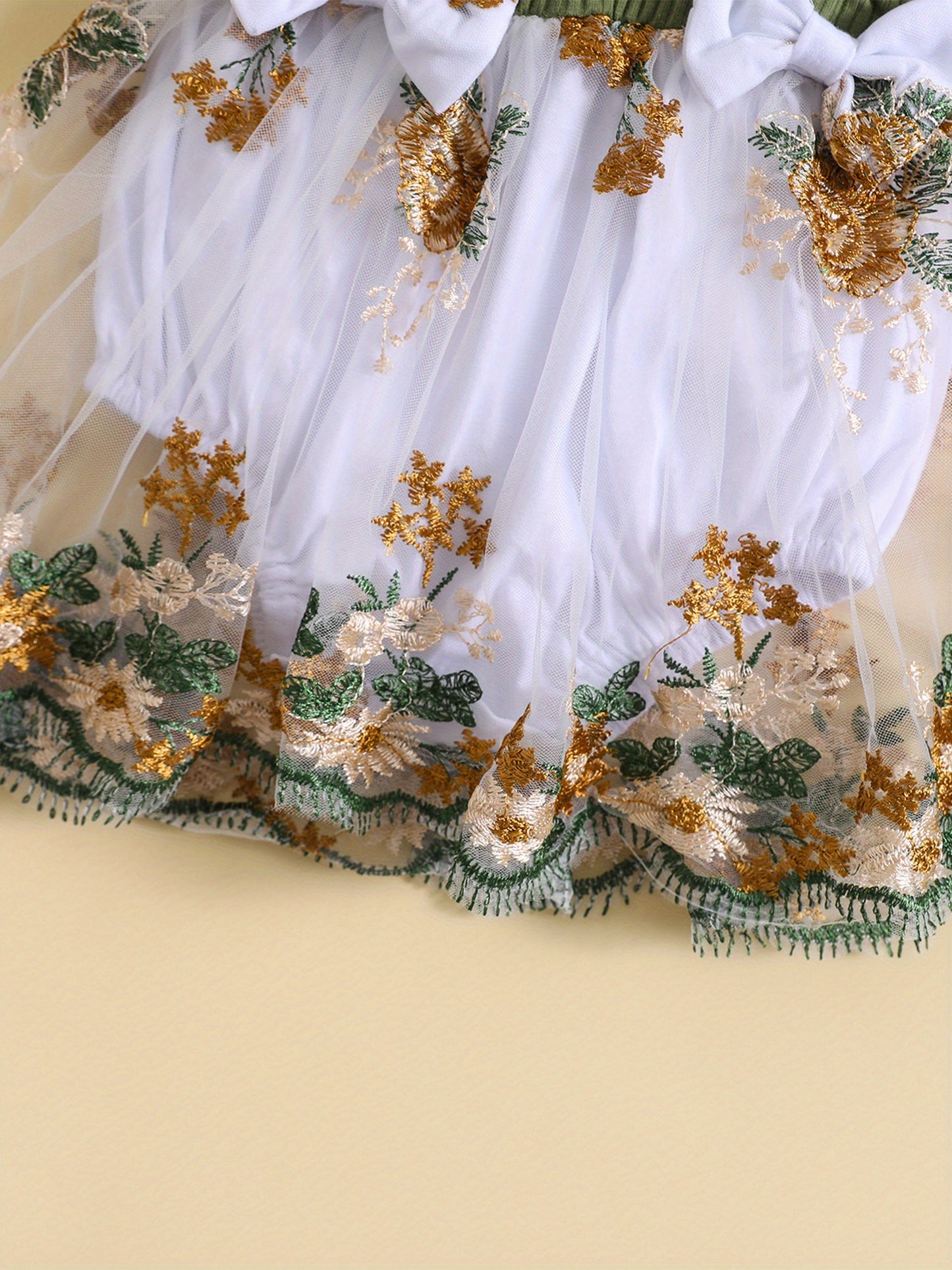 Infant Baby Girls Flower Embroidery Knit Rib Ruffle Romper Dress Summer Bodysuit with Bow Headband for Outdoor Use