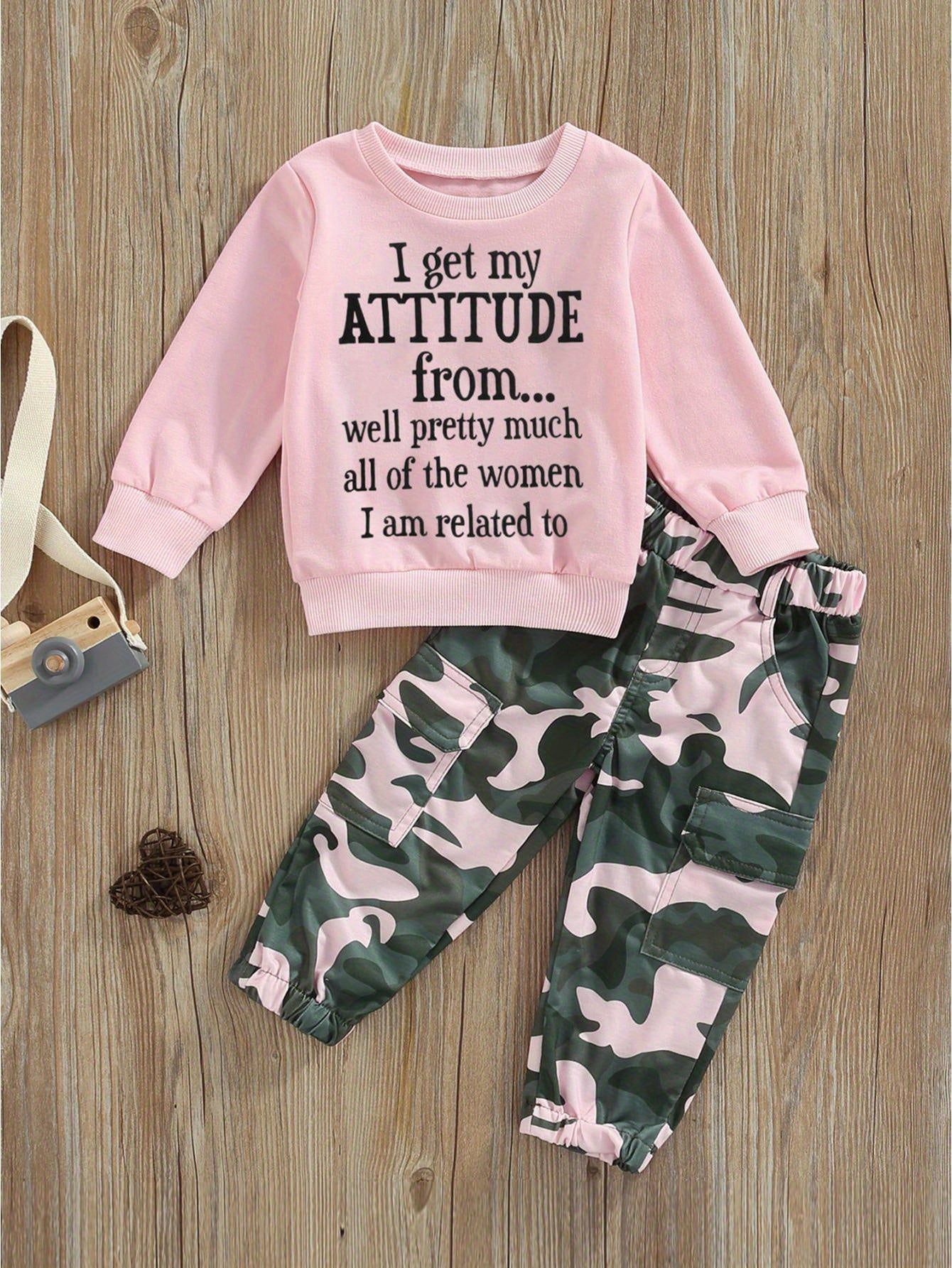 Toddler Baby Girls Fall Clothes Letter Print Long Sleeve Sweatshirt and Stretch Camouflage Pants Set 2pcs Outfit, for Outdoor