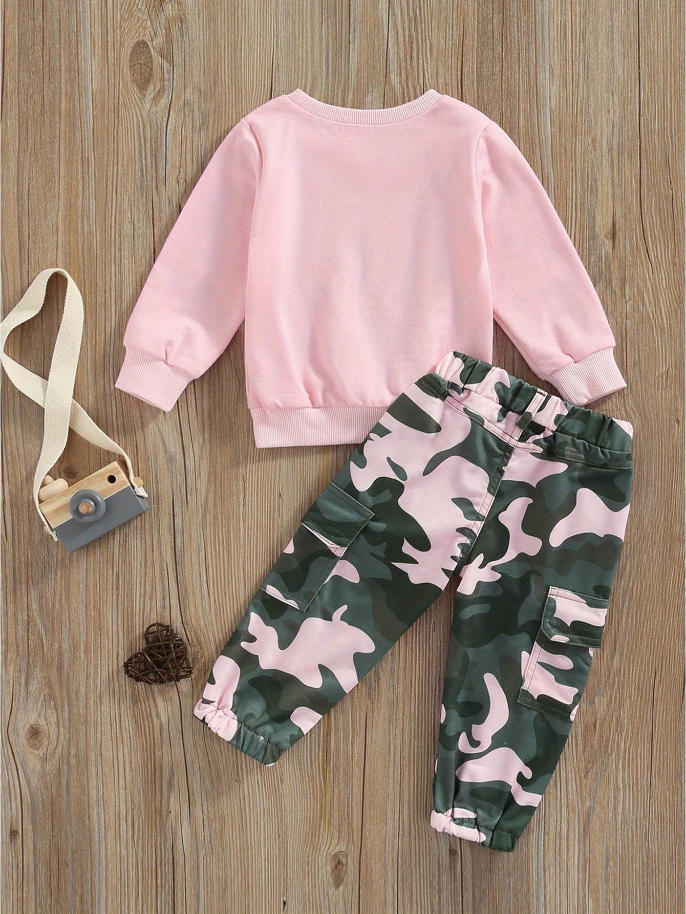 Toddler Baby Girls Fall Clothes Letter Print Long Sleeve Sweatshirt and Stretch Camouflage Pants Set 2pcs Outfit, for Outdoor