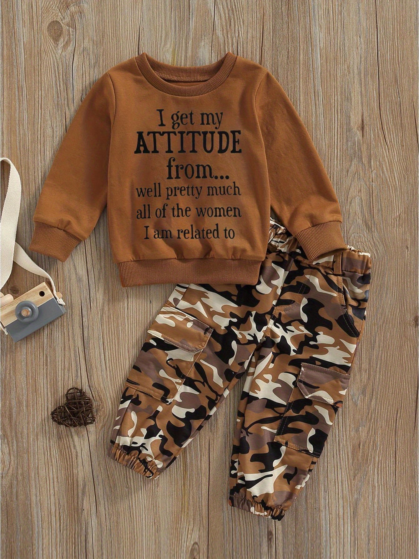 Toddler Baby Girls Fall Clothes Letter Print Long Sleeve Sweatshirt and Stretch Camouflage Pants Set 2pcs Outfit, for Outdoor