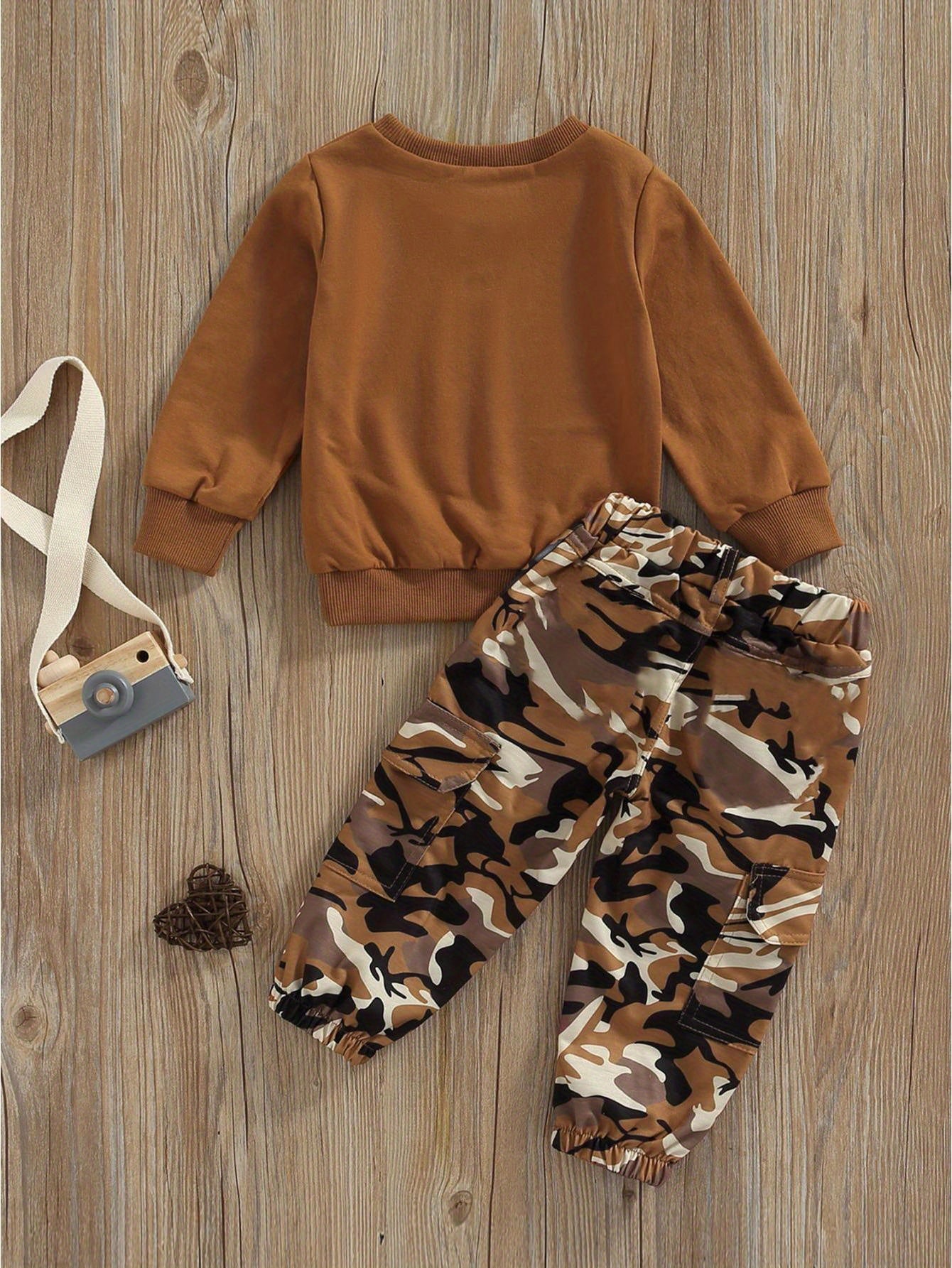 Toddler Baby Girls Fall Clothes Letter Print Long Sleeve Sweatshirt and Stretch Camouflage Pants Set 2pcs Outfit, for Outdoor