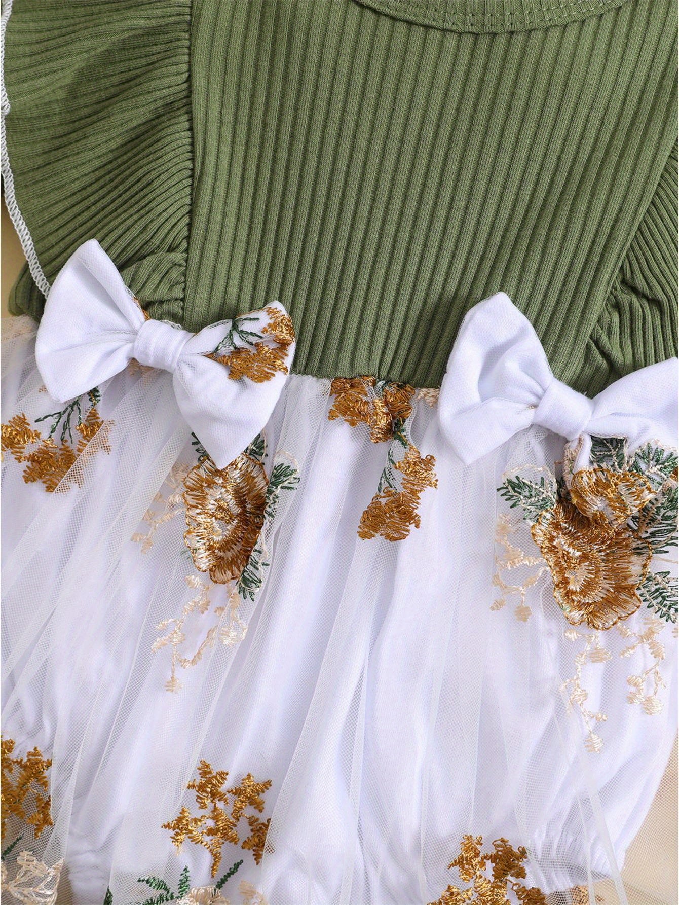 Infant Baby Girls Flower Embroidery Knit Rib Ruffle Romper Dress Summer Bodysuit with Bow Headband for Outdoor Use