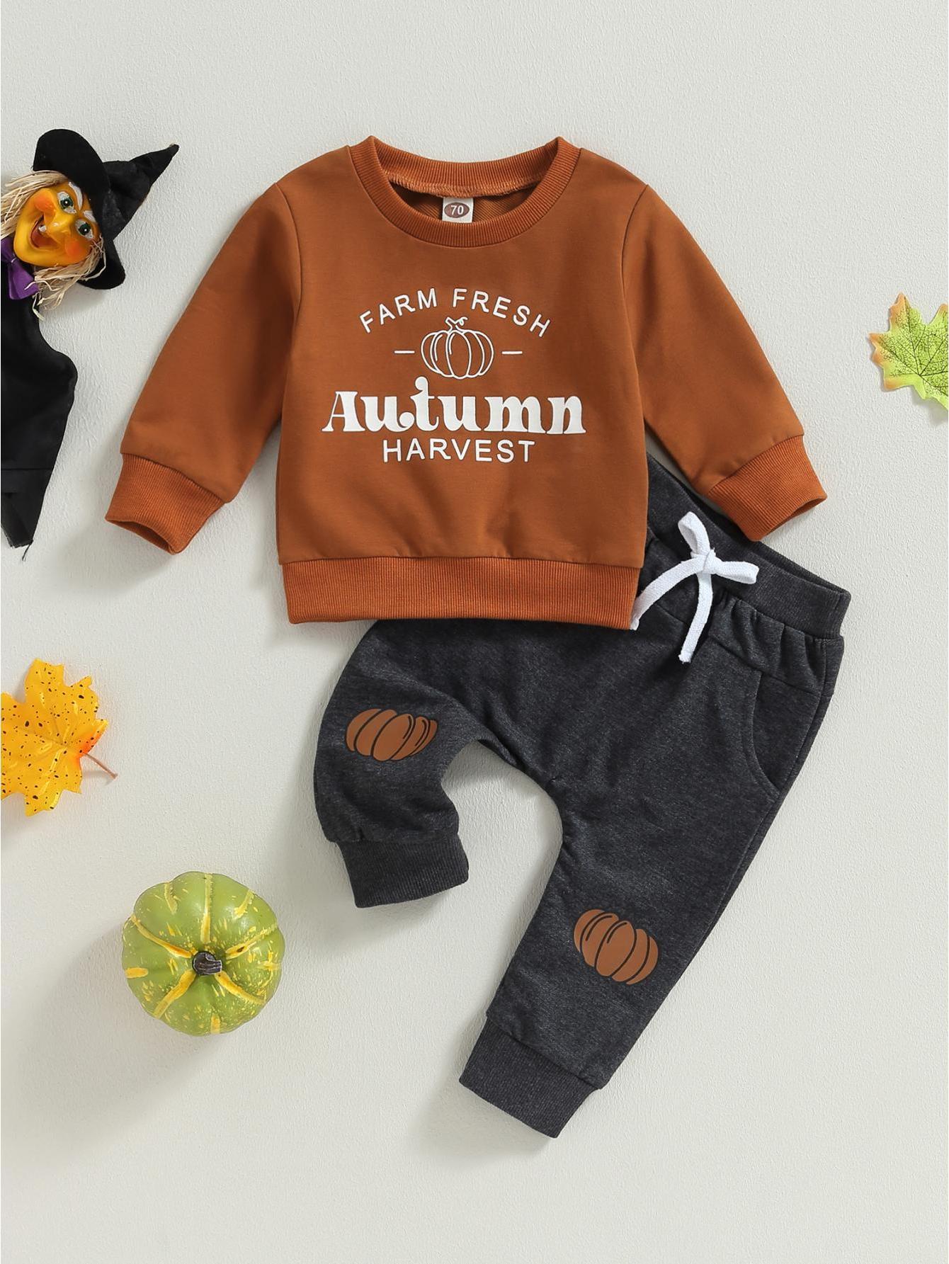 Baby Boy Halloween Tracksuit Pumpkin Prints Long Sleeve Sweatshirt and Elastic Pants for Toddler Fall 2pcs Casual Outfits, Halloween Toddler, Toddler Thanksgiving Outfit, Fall Toddler Clothes, Toddler Halloween, Toddler Fall
