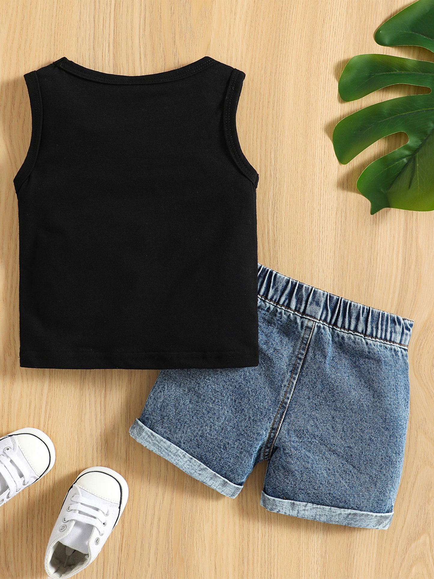 Baby Toddler Boys Summer Outfit Set Round Neck Sleeveless Letter Print Tank Tops and Ripped Denim Shorts for Outdoor Activities