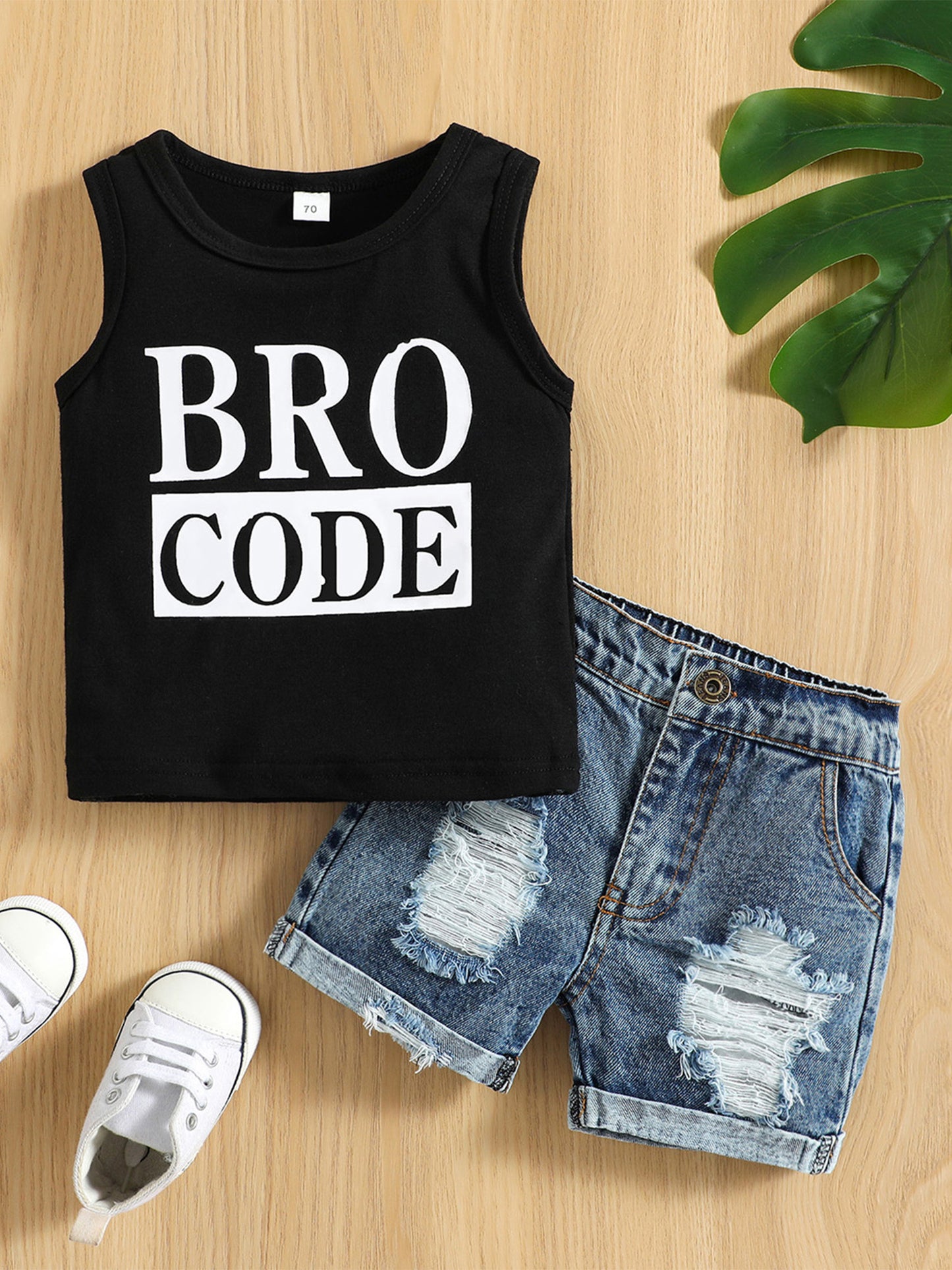 Baby Toddler Boys Summer Outfit Set Round Neck Sleeveless Letter Print Tank Tops and Ripped Denim Shorts for Outdoor Activities