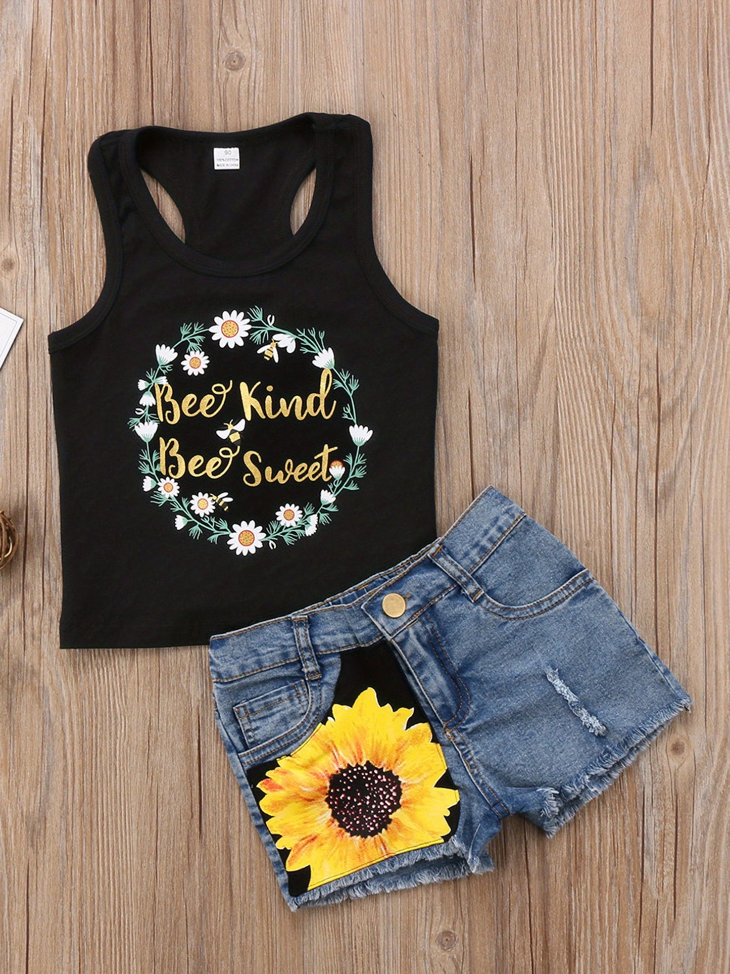 Baby Girls Sleeveless Letter Printed Halter Vest and Sunflower Denim Shorts Clothes 2pcs Outfits Set for Outdoor