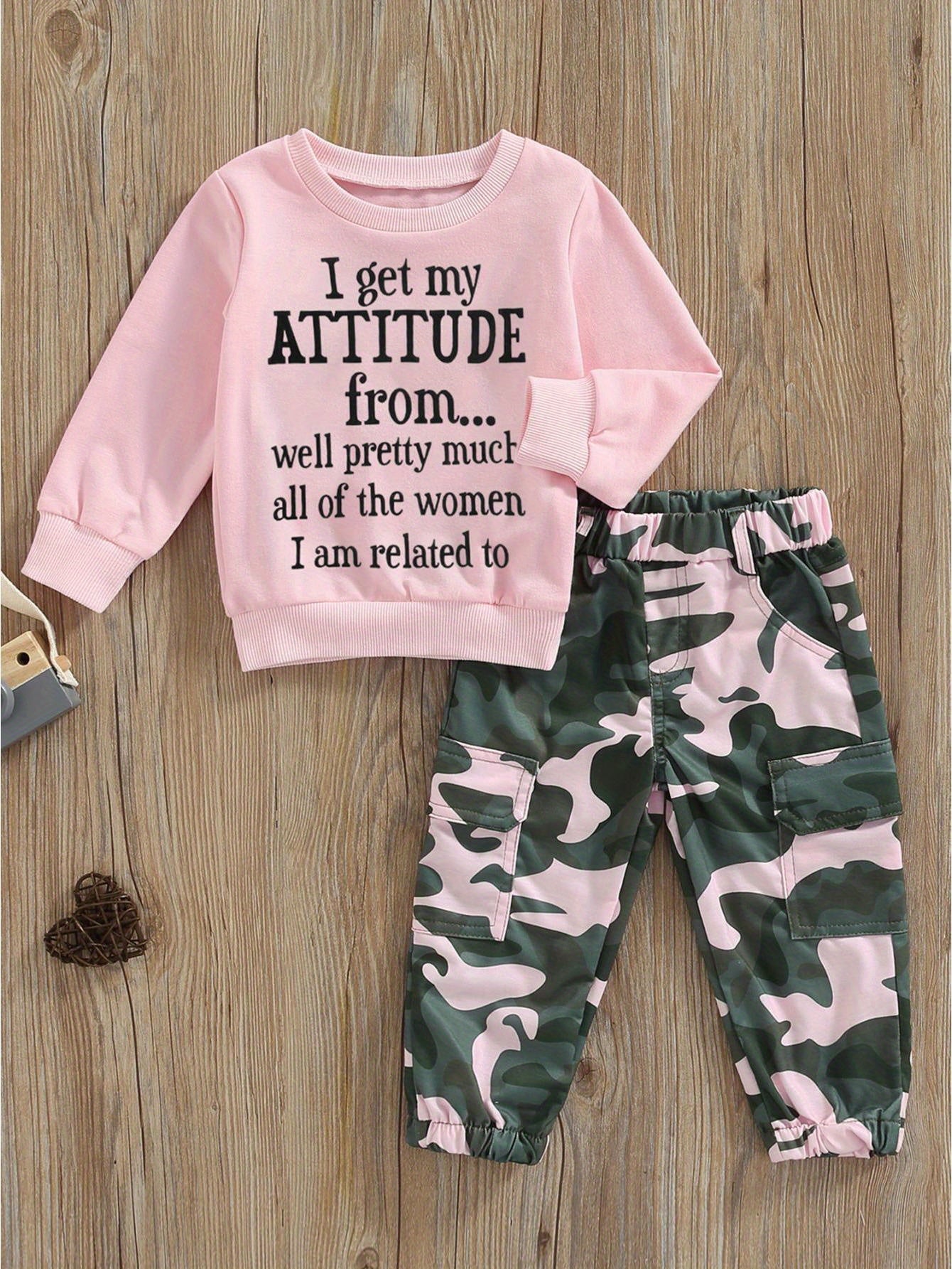 Toddler Baby Girls Fall Clothes Letter Print Long Sleeve Sweatshirt and Stretch Camouflage Pants Set 2pcs Outfit, for Outdoor