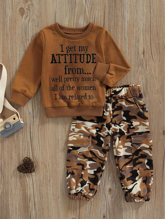 Toddler Baby Girls Fall Clothes Letter Print Long Sleeve Sweatshirt and Stretch Camouflage Pants Set 2pcs Outfit, for Outdoor