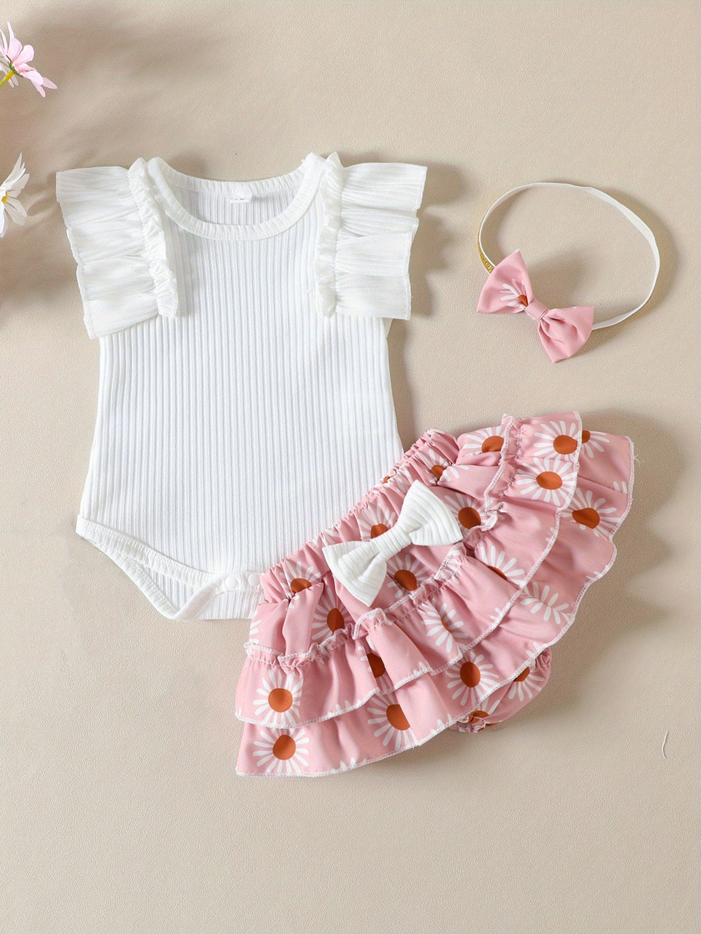 Baby Girls Summer Outfit Set Ruffle Sleeve Ribbed Romper Floral Culottes Headband Outdoor Wear