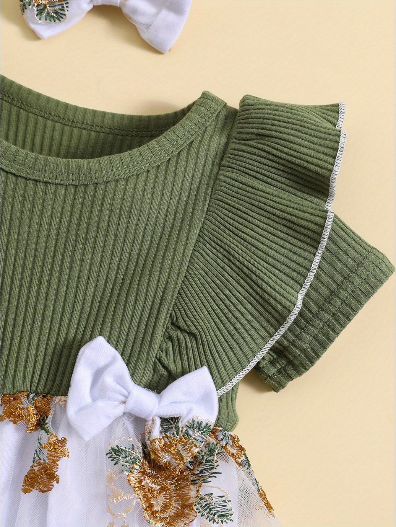 Infant Baby Girls Flower Embroidery Knit Rib Ruffle Romper Dress Summer Bodysuit with Bow Headband for Outdoor Use