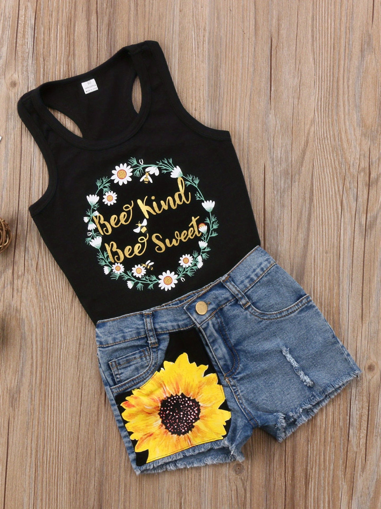Baby Girls Sleeveless Letter Printed Halter Vest and Sunflower Denim Shorts Clothes 2pcs Outfits Set for Outdoor