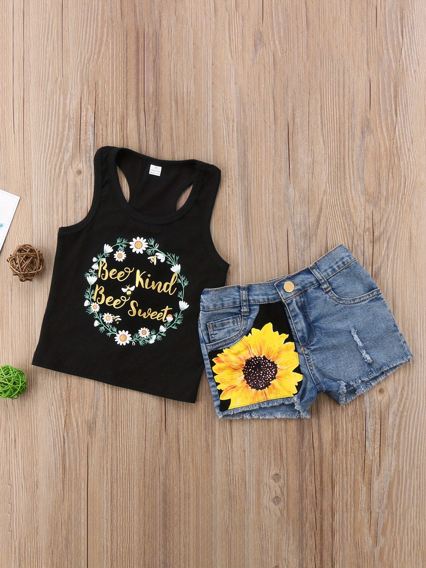 Baby Girls Sleeveless Letter Printed Halter Vest and Sunflower Denim Shorts Clothes 2pcs Outfits Set for Outdoor
