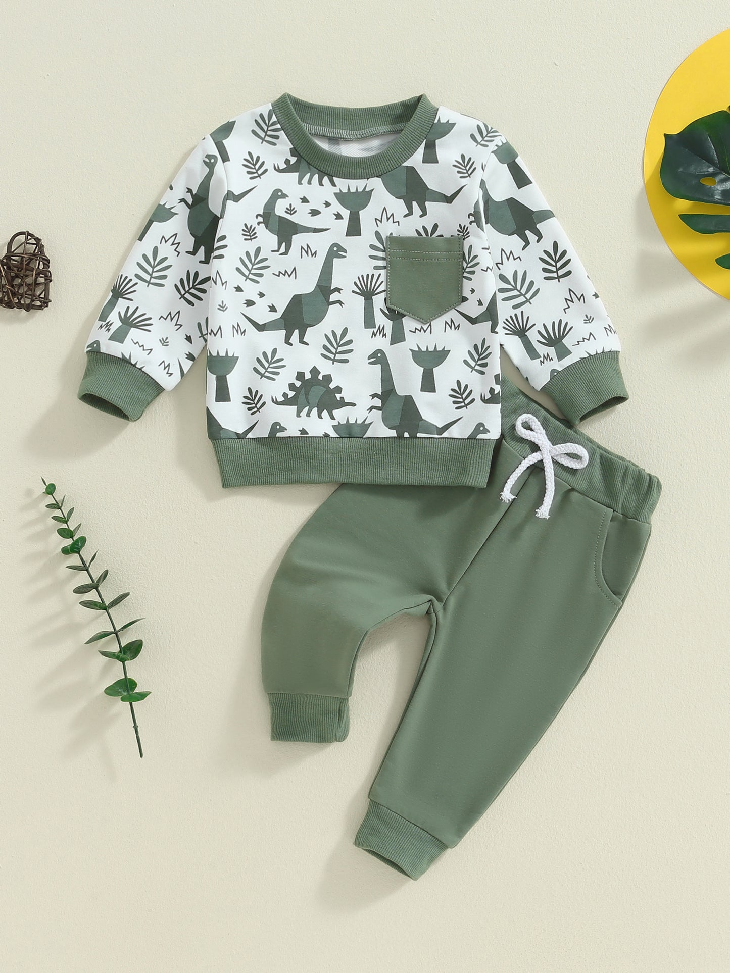 Kids Boys 2pcs Outfit, Long Sleeve Dinosaur Print Sweatshirt with Elastic Waist Sweatpants Fall Outfit
