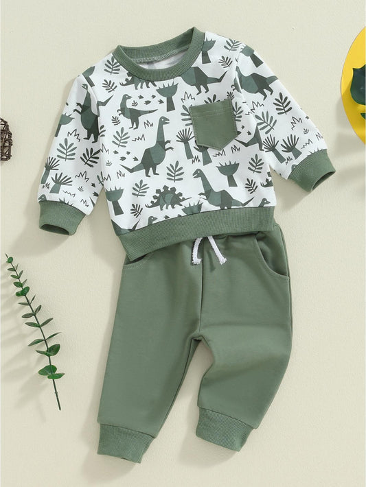 Kids Boys 2pcs Outfit, Long Sleeve Dinosaur Print Sweatshirt with Elastic Waist Sweatpants Fall Outfit