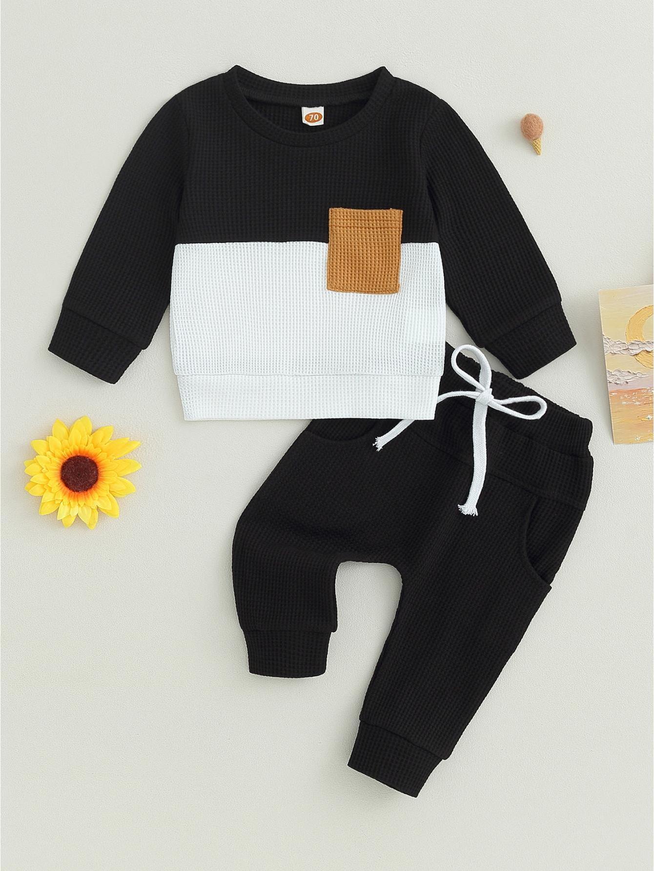 Toddler Baby Boys Pants Set, Long Sleeve Crew Neck Contrast Color Sweatshirt Elastic Waist Sweatpants Infant Clothes