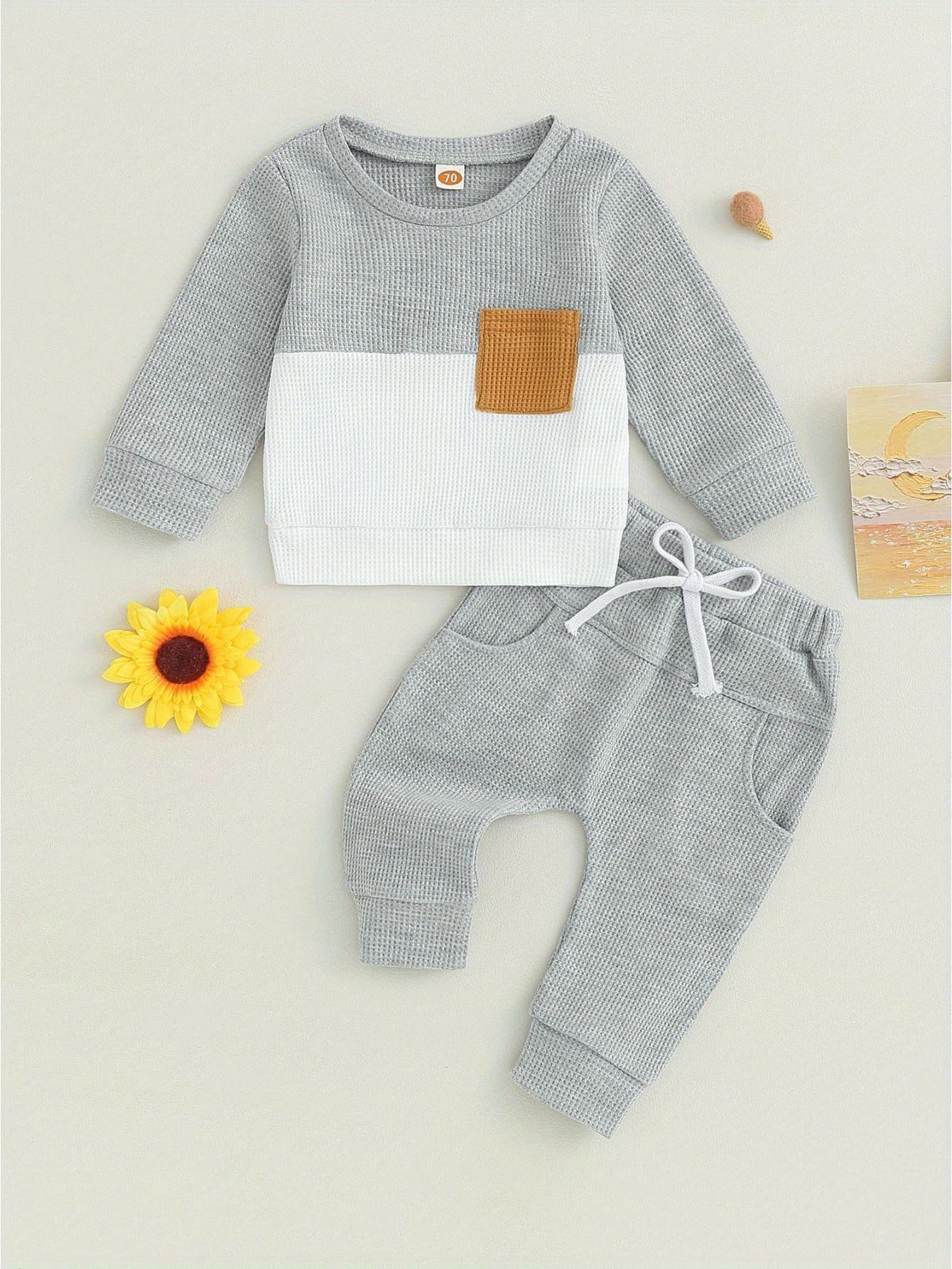 Toddler Baby Boys Pants Set, Long Sleeve Crew Neck Contrast Color Sweatshirt Elastic Waist Sweatpants Infant Clothes