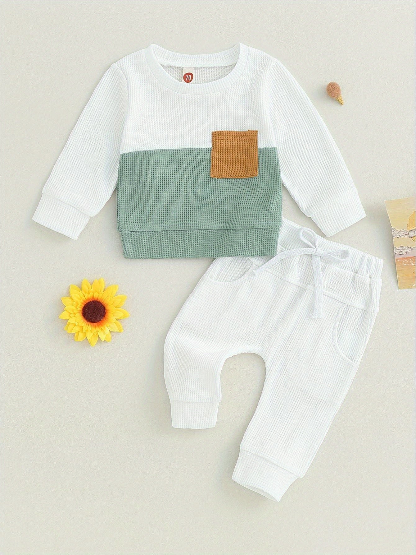 Toddler Baby Boys Pants Set, Long Sleeve Crew Neck Contrast Color Sweatshirt Elastic Waist Sweatpants Infant Clothes