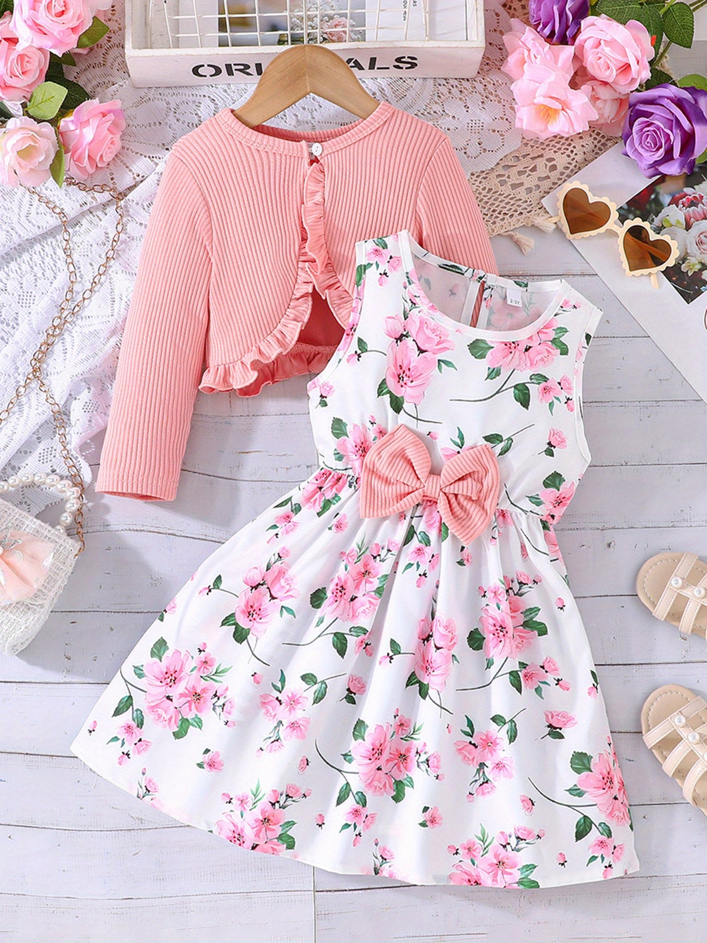 Girl Dress Set Floral Print Round Neck Bow A-Line Tank Dress with Ruffled Ribbed Cardigan