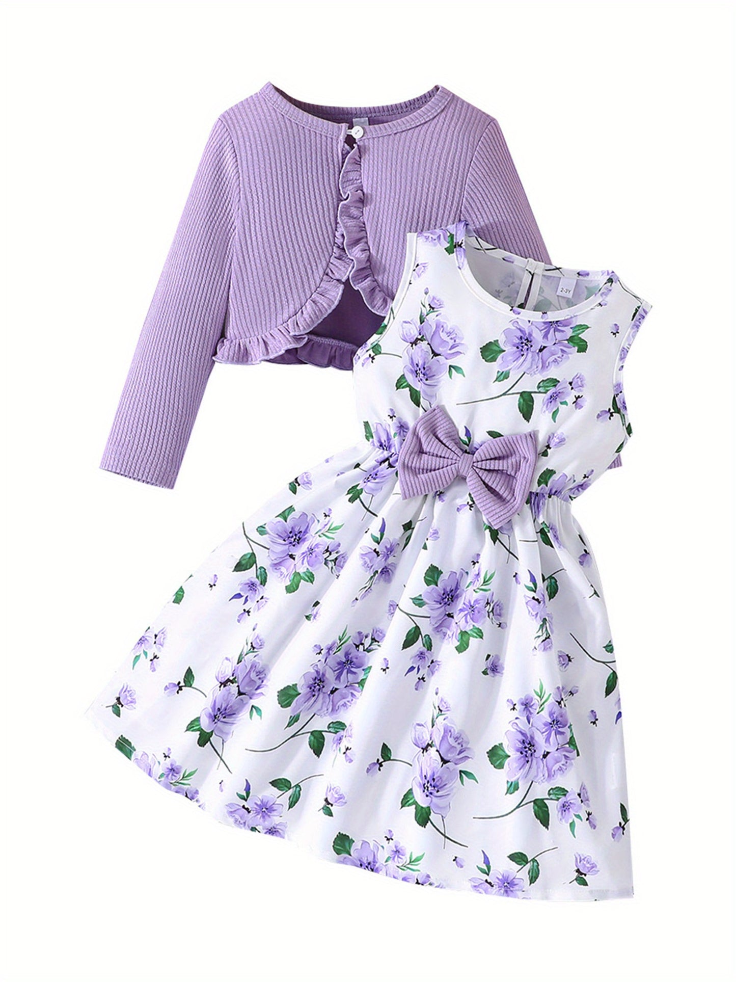 Girl Dress Set Floral Print Round Neck Bow A-Line Tank Dress with Ruffled Ribbed Cardigan