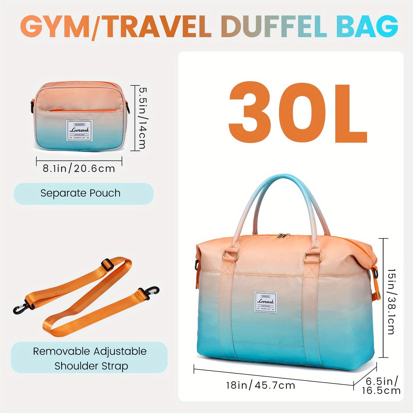 LoveVook Large Rainbow Weekender Overnight Bag for Women Travel Duffel Bag with Wet Pocket Gym Bag Toiletry Bag Hospital Bag for Labor and Delivery